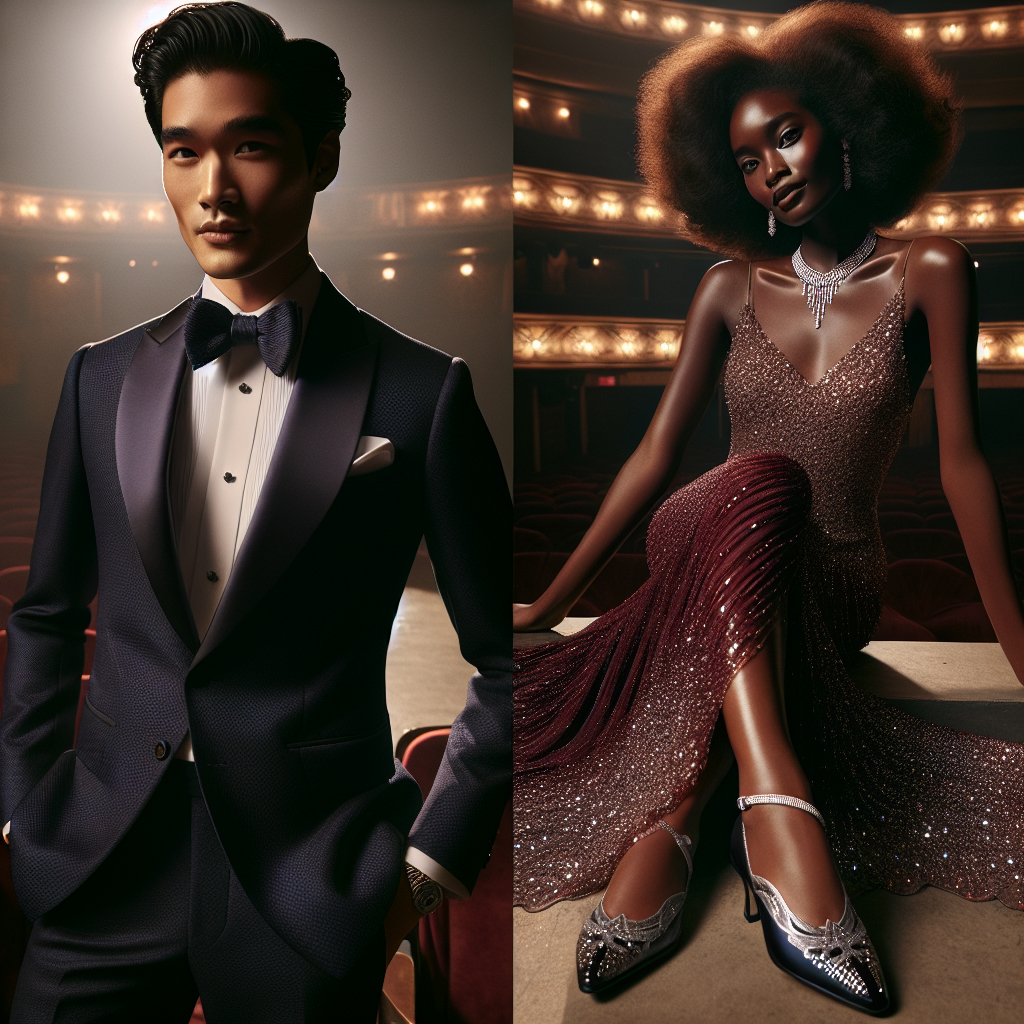 Stunning Theater Outfits: Effortlessly Impress Imagine a theater scene brimming with sophistication and elegance. On one side, you have a South Asian man dressed in a navy blue suit with a crisp white shirt, bow tie, and shiny black brogues that reflect the ambient light. He sports a confident smile, his hair meticulous. On the other side, an Afro-American woman stands tall, her flowing floor-length evening dress in burgundy, sprinkled with sterling silver sequins that match the stilettos on her feet. A delicate diamond necklace graces her neck, adding to her elegance. Their outfits together paint a picture of unforgettable theater glamour.