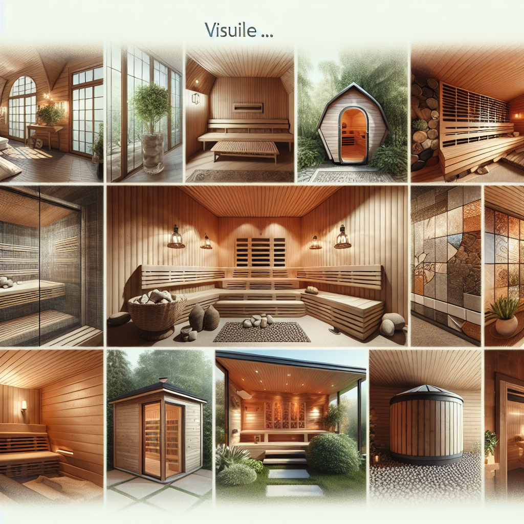 Must-Have Sauna Styles: Effortless & Chic Visualize an array of different sauna styles that convey a sense of chic elegance and effortless luxury. One sauna style should be a traditional Finnish sauna with natural wood interiors and a pile of heated stones. Another could be a modern, minimalist sauna with sleek lines and a single heated bench. Yet another style could feature a uniquely designed infrared sauna with mirrored walls. Finally, imagine a charming barrel sauna, embedded in a lush garden, adding a rustic touch. Each sauna should reflect high quality craftsmanship, fashionable design, and ultimate comfort, suitable for a sophisticated lifestyle.