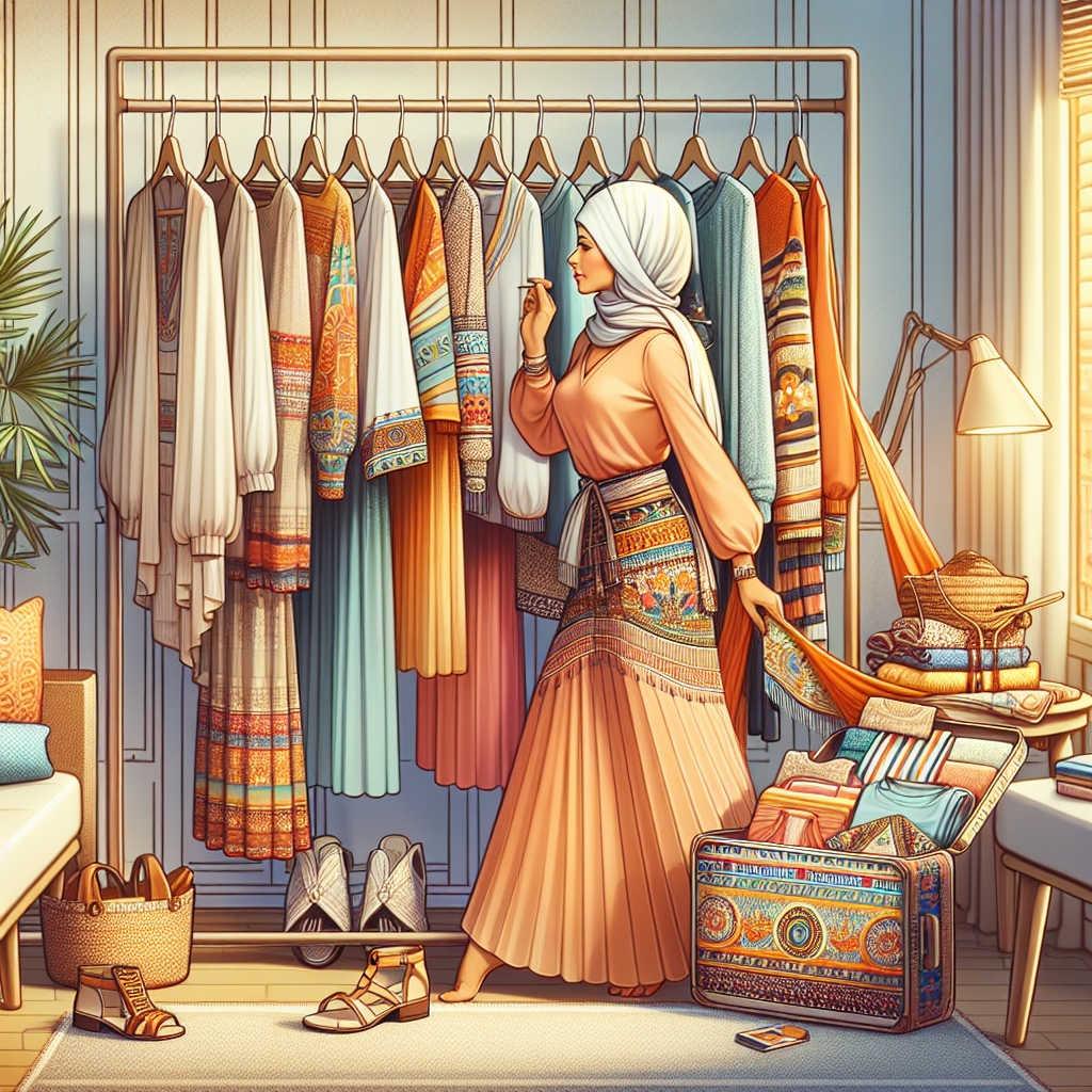 What to Wear in Egypt: Stunning & Modest Must-Haves Create a visually compelling image to match the context of an article about traveling to Egypt and the ideal attire. Picture a stylish middle-aged Middle Eastern woman picking out clothes from a wardrobe full of interesting pieces. Include items such as lightweight shirts, long skirts, and trousers in bright colors reminiscent of a desert sunset, adorned with intricate Egyptian motifs. Also add versatile scarves that could be used as head coverings or stylish accessories, and comfortable, sand-proof footwear. The background can be a well-lit, modern hotel room with a touch of traditional Egyptian decor.