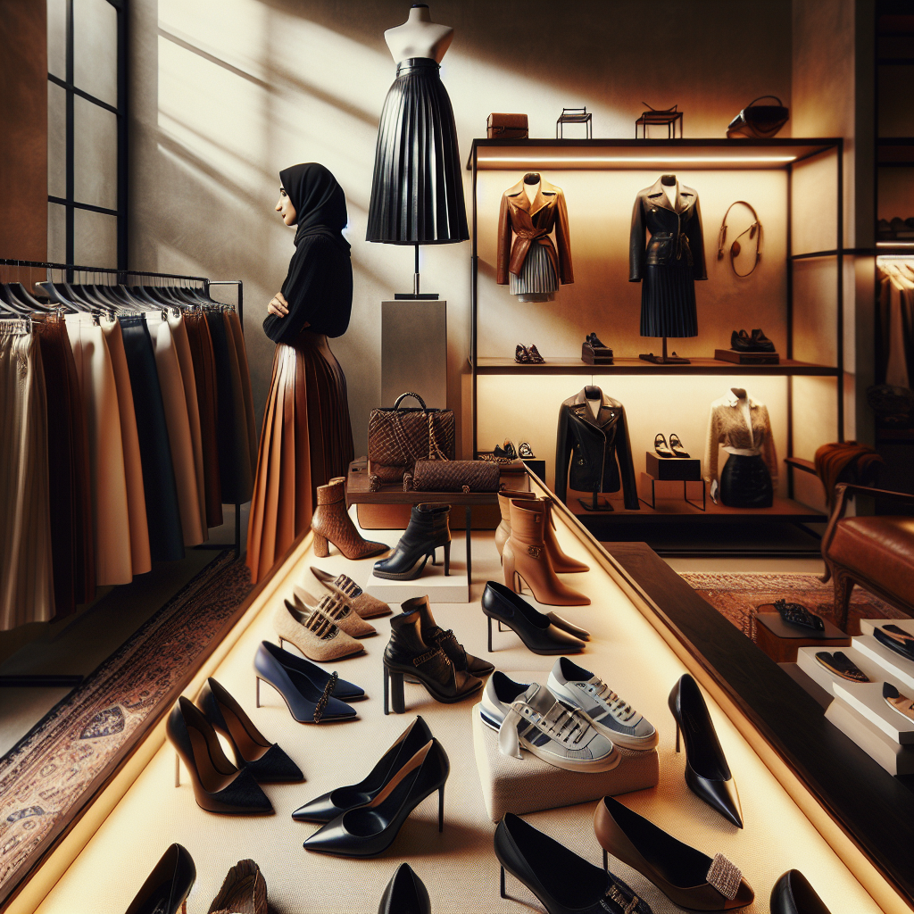 Effortless Guide: Best Shoes for Leather Skirts A detailed scene in a high-end boutique. On the left side, a display of elegant leather skirts, in differing styles and colors. On the right side, an array of fashionable shoes, each making a statement. The shoes range from classic pumps, chic boots, sneakers to sophisticated flats. From above, soft ambient light highlights the matching pairs, hinting at the perfect combinations. In the background, a Middle Eastern saleswoman stands, ready to assist. The picture screams style and offers an effortless guide to the best shoe and leather skirt pairings.