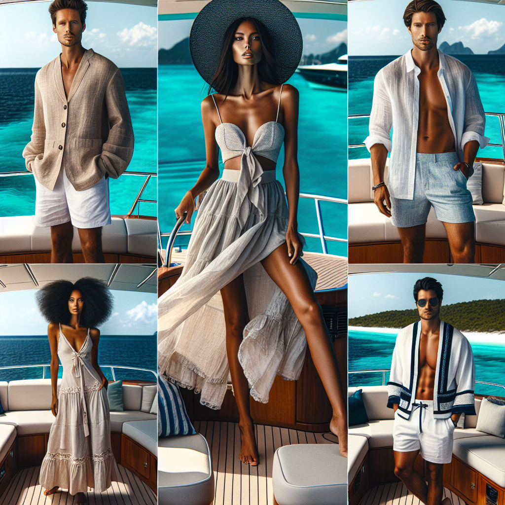 Create an image showcasing a variety of fashionable outfits ideal for a charter adventure. The scene should be set on a luxury yacht with clear, turquoise water visible in the background. Include four people on the yacht, each modeling a different outfit: one Caucasian male in a light, breathable linen suit, one Black woman in a flowy summer dress with a wide-brimmed hat, one South Asian man in casual resort wear, and one Hispanic woman in a nautical-themed outfit. The ambiance should be one of luxury and relaxation.