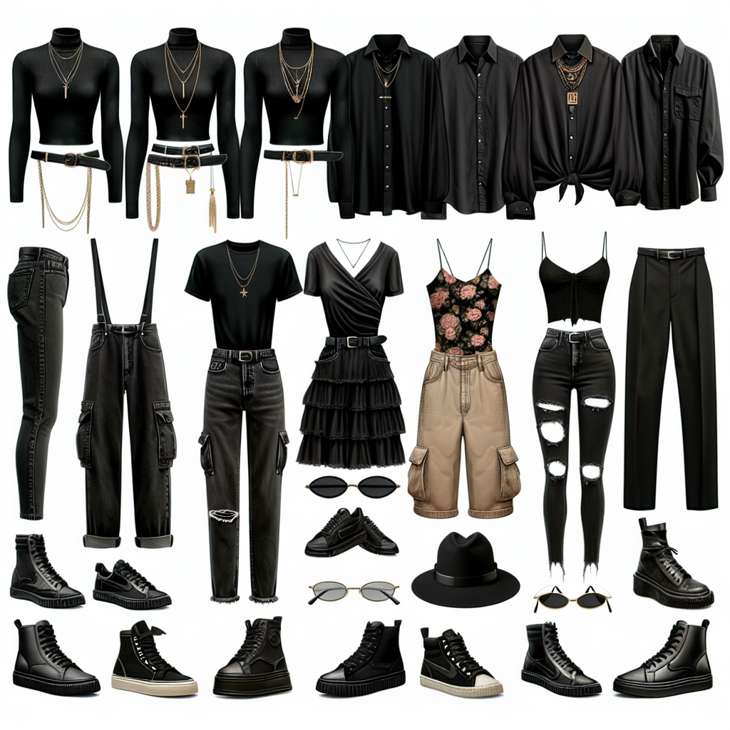 Visualize seven must-have outfits comprising of black shirts for a concert by an unspecified pop artist. The outfits should cater to various fashion styles and weather conditions. Outfit one: sleek black turtleneck, dark jeans, leather boots, a broad-brimmed hat and layered gold chains for a cold night. Outfit two: relaxed fit black shirt, beige cargo shorts, and white sneakers, perfect for a warm evening. Outfit three: black graphic tee, distressed denim, and high-top sneakers for a casual look. Outfit four: black tank top, floral print shorts, and strappy gladiator sandals for a summer show. Outfit five: black satin blouse, leather mini skirt, stiletto boots for a semi-formal style. Outfit six: black band shirt, ripped jeans, and combat boots for a grunge look. Outfit seven: fitted black button-up, tailored trousers, and glossy oxford shoes for a polished, upscaled look. Each outfit should reflect individual fashion preferences, suitable for both men and women of various descents such as South Asian, Hispanic, Caucasian, Black, and Middle-Eastern.