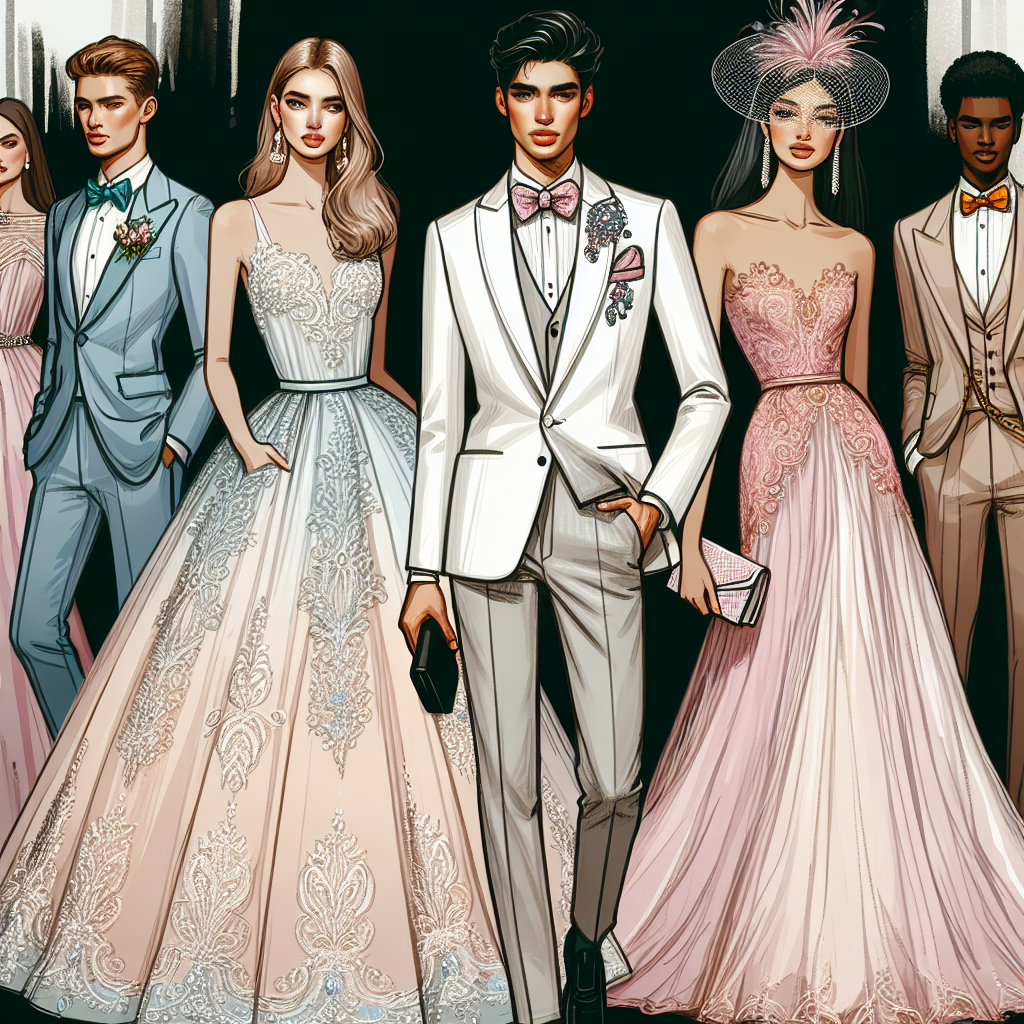 A fashion event for Quincea&ntilde;era guests showing off must-have outfits. A Hispanic man is donned in a classic white tailored suit paired with a fancy brooch, while a Caucasian woman standing next to him is modelling a pastel-coloured floor-length gown with elegant embroidery and a matching clutch. A Middle Eastern woman in the background displays a remarkably chic asymmetrical mini dress with a fancy fascinator, and a Black man is pictured in a charming traditional tuxedo with a vibrant bow tie. All figures are radiating effortless elegance and sophistication.