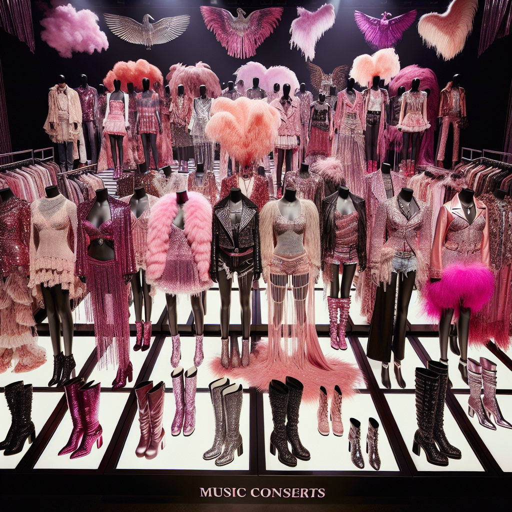 Stunning Outfits for Pink Concerts: Best Picks! Imagine a fashion display filled with spectacular outfits designed for music concerts. Visualize a mesmerizing array of clothes predominantly in various shades of pink. There are sequined dresses, feathered boas, chic boots, and trendy accessories all arranged meticulously. The designs range from flamboyantly extravagant ensembles for those who love to stand out, to more subdued yet equally stylish options for those preferring a subtler statement. The outfits all exude an edgy, rockstar vibe, perfectly capturing the atmosphere and exhilarating energy of live music events.