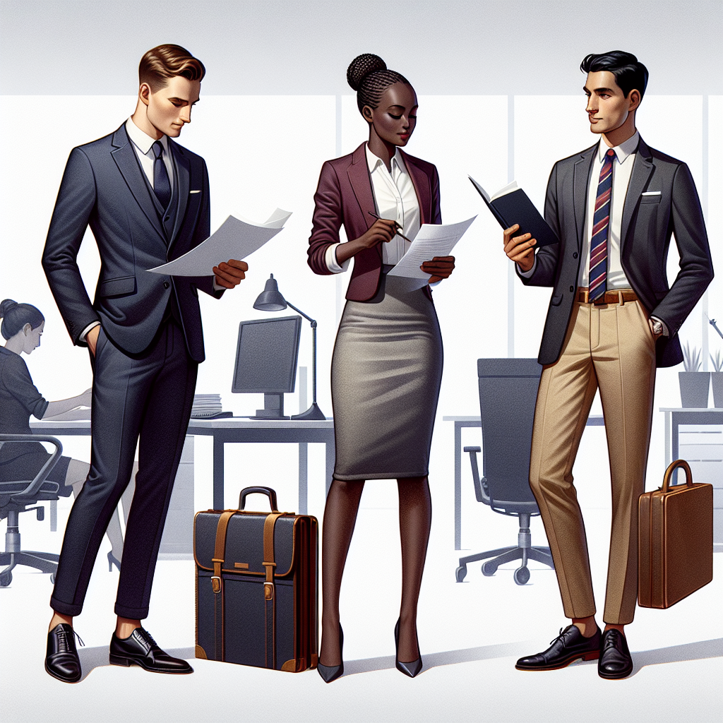 What to Wear to a Visa Appointment: Top Picks Visual representation of different outfit options suitable for a visa appointment, emphasising their smart and professional appearance. Imagine a mixed office environment with three individuals preparing for their visa appointments. On the left, a Caucasian man is dressed in a tailored navy-blue suit, a crisp white shirt and polished black dress shoes; he is organising documents in his leather briefcase. Next, an African woman in a sleek, grey dress paired with a burgundy blazer; her hair neatly pulled back into a bun and she is reviewing papers at her desk. On the right, a South Asian man wearing a smart-casual khaki trousers and a well-pressed, striped button-down shirt, holding his passport. The background should convey a clean, professional atmosphere, typical to an office space.