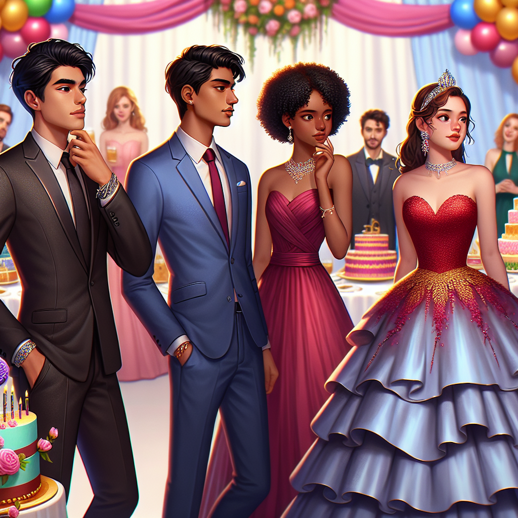 A scene of a lively quincea&ntilde;era party. In the foreground, four guests of various descents and sexes admire their attire. An Asian male has opted for a formal black suit with silver cufflinks. A Black woman is adorned with a sophisticated pastel-colored chiffon dress. A Middle-Eastern man is in a blue tailored suit, with a contrasting burgundy tie. And, a Caucasian woman is in a stunning crimson gown with golden accessories. In the background, the d&eacute;cor is festive with vibrant balloons, intricate floral arrangements, and a large beautifully decorated cake.