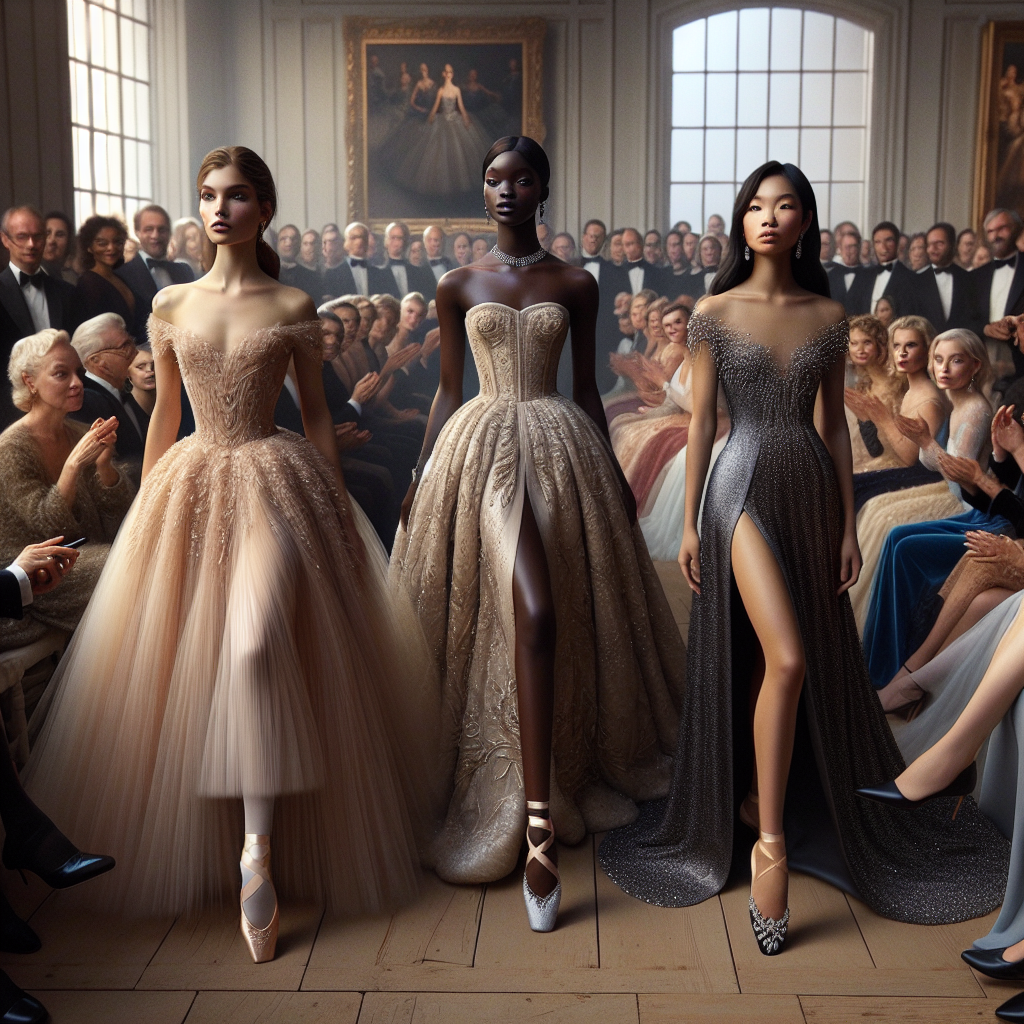 Imagine a lavish ballet scenario where guests are exquisitely dressed. Center stage are three standout women differing in ethnicity: a Hispanic woman, an East Asian woman, and a Black woman. Each is wearing a breathtaking long dress, unique in design and color harmonizing with their shoes. The Hispanic woman is donning a tulle ballet-inspired dress with delicate lace shoes. The East Asian woman is wearing a regal satin gown paired with crystal-embroidered heels. The black woman is graced with a sleek velvet dress expertly matched with sophisticated strappy sandals. Around them, ballet aficionados and enthusiasts watch in admirative awe.