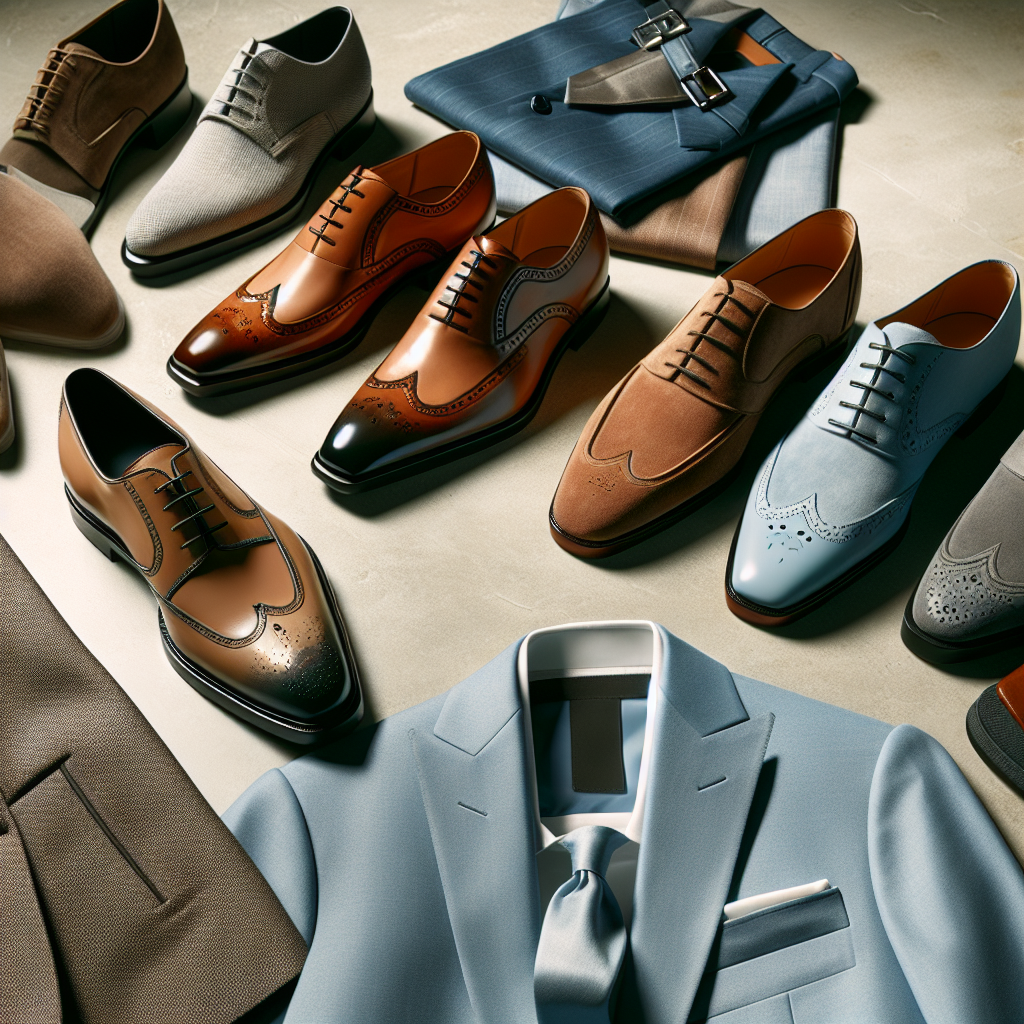 Visualize a sophisticated fashion article set-up with the focus on men's formal footwear essentials. In the foreground, depict a range of elegant shoes in diverse styles and colors, meant to compliment light blue suits. Nearby, feature a neatly tailored light blue suit that embodies effortless style. The pairs of shoes can range from luxurious oxfords to stylish loafers, highlighting suede, leather and other materials. Include a subtle color palette of subtle blues, rich browns, and classic blacks. The scene should evoke an aura of understated luxury and modern sophistication.