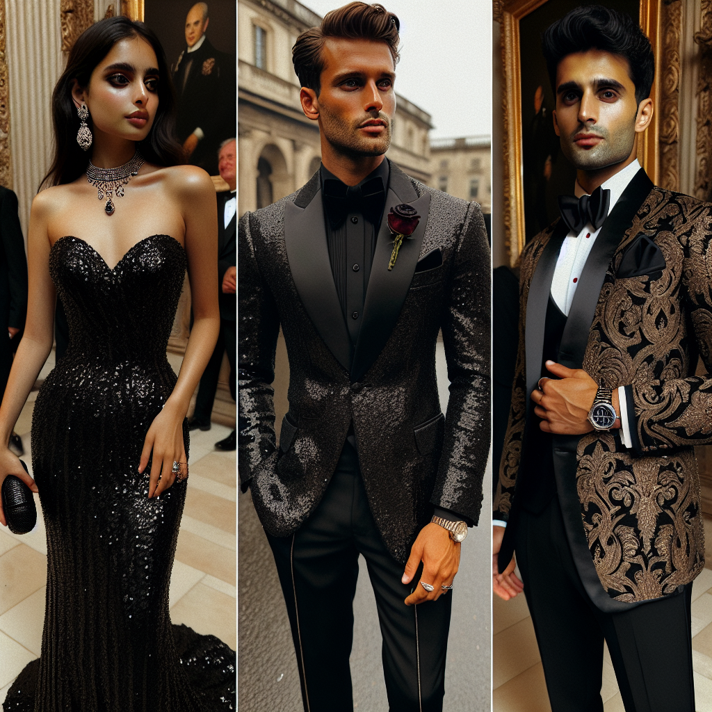 In a grandiose wedding with guests dressed in sartorial elegance, focus on three individuals showcasing their black tie wedding outfits. The first, a Hispanic woman in her shimmering midnight black sequined gown with a dainty clutch and an ornate necklace. The second, a Caucasian man looking debonair in a traditional black tuxedo, red rose boutonniere, shiny patent leather shoes and a branded wristwatch. The last, a South Asian man, rocking an Indian fusion black tie outfit - an embellished black sherwani paired with satin pants, polished Oxford shoes and a stylish pocket square.