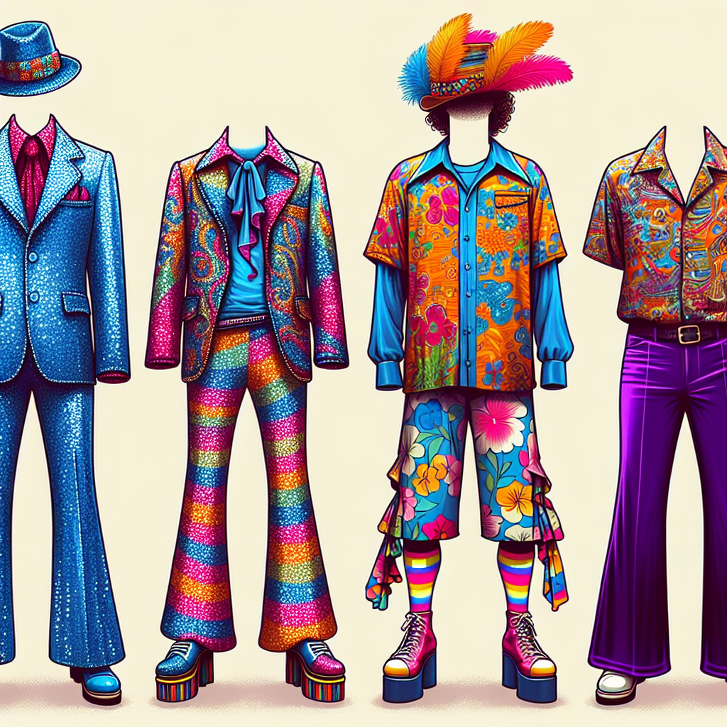 Stunning Outfits for Your Next Weird Al Concert A composition of four distinct, eccentric, and eye-catching outfits suitable for a concert of a famous comedic musical performer. Outfit one is a glittering sequin suit in electric blue, complete with platform shoes and a feathered fedora. Outfit two is a wild explosion of neon colors featuring an oversized 70s style paisley shirt and candy-striped bell-bottoms. The third is gaudy Hawaiian attire complete with a brightly colored loose-fit shirt and floral shorts. The fourth features a purple velvet jumpsuit paired with a polka-dot bandana. Each outfit represents a different style that screams fun and easily stands out in a crowd.