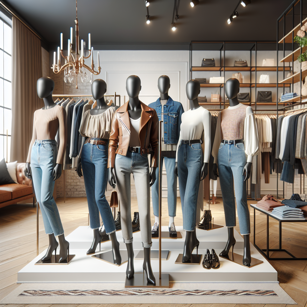 A detailed scene in a chic boutique with an array of stunning casual date outfits on display for selecting the perfect match. Visible in the scene are fashionable wardrobe staples, featuring items such as denim jeans, leather jackets, stylish tops, and gorgeous accessories. Let's also depict a diverse set of life-size mannequins dressed in these outfits to help display how they look, and provide an array of realistic body types, with one African mannequin, two South-Asian mannequins, and two Caucasian mannequins. The setting captures a modern urban fashion store with tasteful interior design