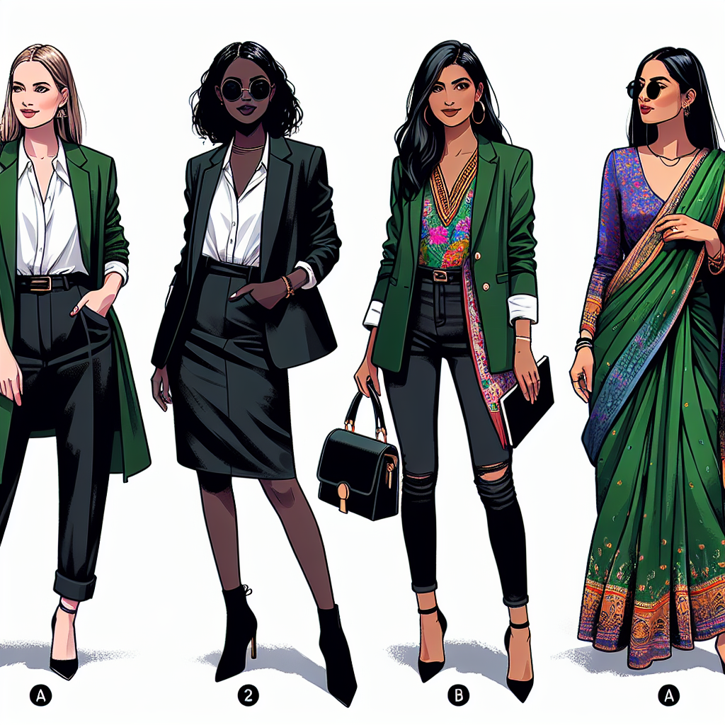 Create a detailed image showing four women of different descents - Caucasian, Black, Hispanic and South Asian - each wearing a dark green blazer in a unique style. The first woman, Caucasian, is wearing her blazer with a fashionable white blouse and black pencil skirt. The second woman, Black, pairs her blazer with high-waisted jeans and a colorful top. The Hispanic woman accessorizes her blazer with a chic scarf and a trendy handbag. Finally, the South Asian woman wears her blazer over a vibrant sari. Each representing must-have styles and showcasing a variety of ways to wear a dark green blazer.