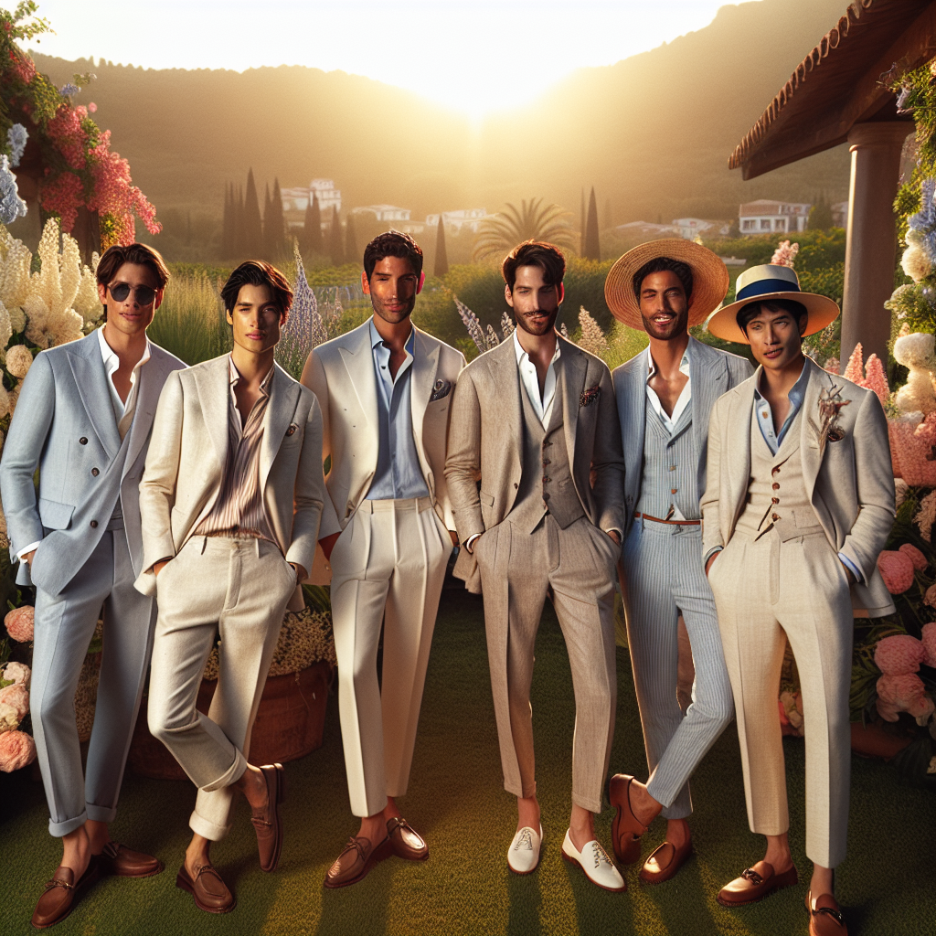 Visualize an outdoor summer wedding scenario where multiple men are showcasing stunning and chic outfits. The setting is bathed in the soft, warm radiance of the afternoon sun, surrounded by blooming flowers and green plants. The men are of various descents, such as Hispanic, Caucasian, East Asian, Middle Eastern, and South Asian. Rather than conventional wedding suits, they are wearing modern, fashionable outfits that blend tradition with innovation, highlighting effortless chic. Think lightweight linen suits, pastel tones, mix and match patterns, accessorized with Panama hats and leather loafers. The men are all smiling, embodying the joyful spirit of summer weddings.