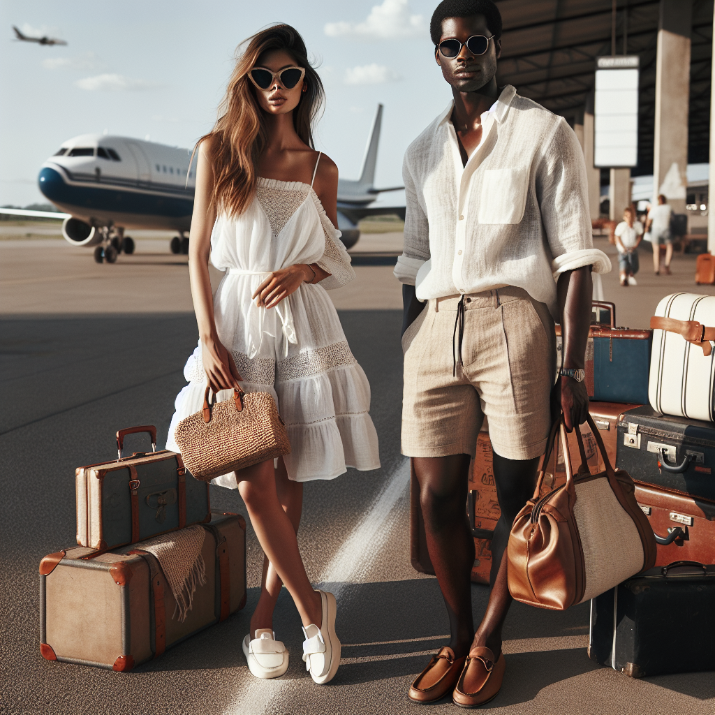 Stunning Summer Plane Outfits: Effortless Style A fashion-forward scene of an airport in the midst of summer. Include a Hispanic woman in her thirties, dressed in a breezy white sundress, carrying a chic straw handbag and wearing oversized sunglasses. Beside her, a Black man in his forties is styled with a casual linen shirt, shorts and loafers, holding a leather duffle bag. Scattered around them are a couple of vintage suitcases and travel accessories, with the glimpses of planes on the tarmac in the background. The aura around should feel comfortable yet stylish, exuding an air of effortless summer style.