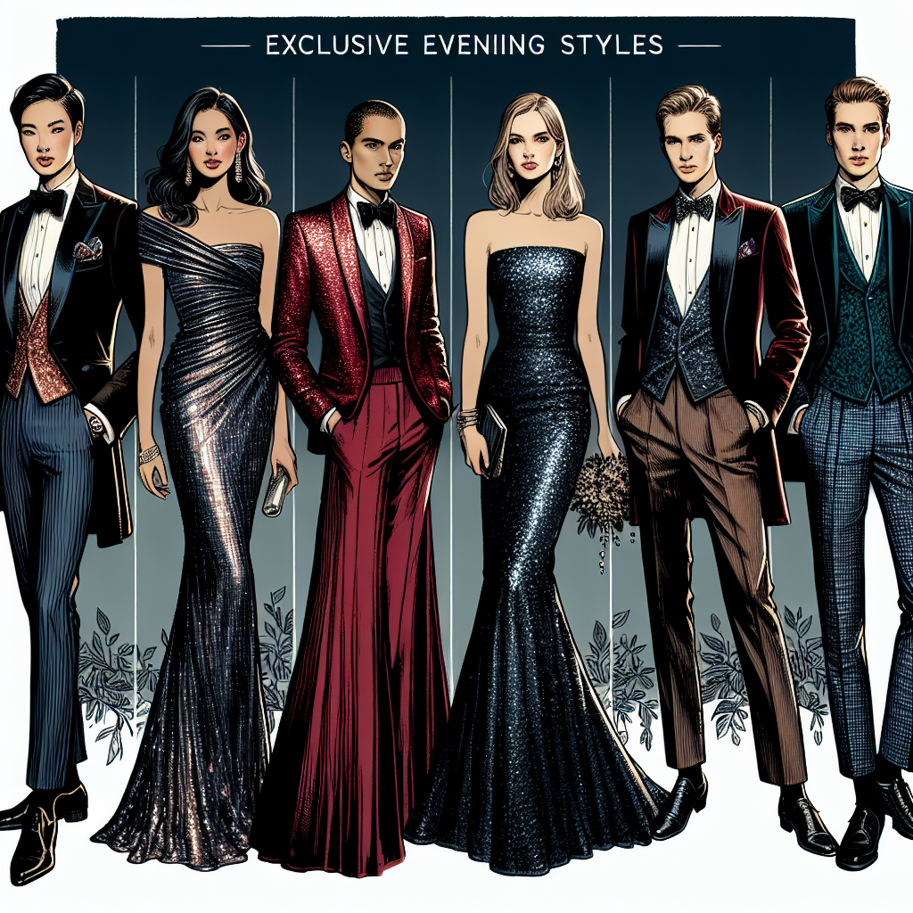 Visualize an exclusive evening event, showcasing six compelling and elegant styles ideal for memorable galas. Illustrate individuals of various descents and genders, donned in fashion-forward attire. For the first style, render an Asian man in a contemporary black tuxedo with a stylish pocket square. The second style should be a South Asian woman in a stunning red gown with a long train. For the third, imagine a Middle-Eastern non-binary individual in a bold, metallic jumpsuit. Next, portray a Black woman in a sequined, navy blue cocktail dress. Fifth, show a white man in a velvet burgundy smoking jacket. Lastly, depict an Hispanic woman in a sleek, floor-length emerald dress.