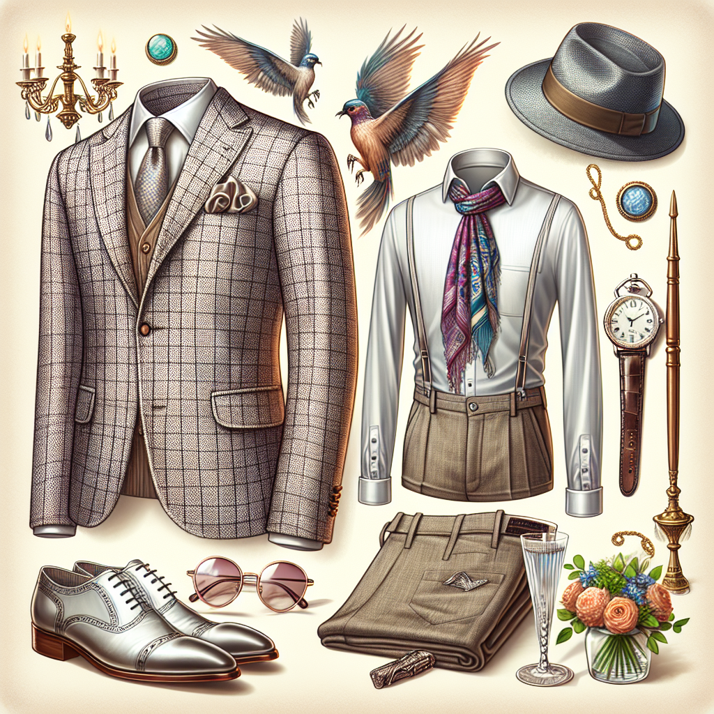 Imagine a stylish, well-fitted outfit suitable for a 70th birthday party celebration. The ensemble should be elegant and comfortable, radiating joy and warmth, ready for an evening full of dancing and laughter. It should include a stylish fedora, a soft cotton shirt in a pastel shade, a pair of polished leather shoes, a checked linen blazer, and a pair of well-tailored trousers. Accessorize with a vibrant neck-scarf and a pocket watch. Ensure it has a vibe of fine vintage elegance but also a touch of modern fashion trends to strike a balance. Make sure to include a tastefully decorated, luxurious, and festive party background.