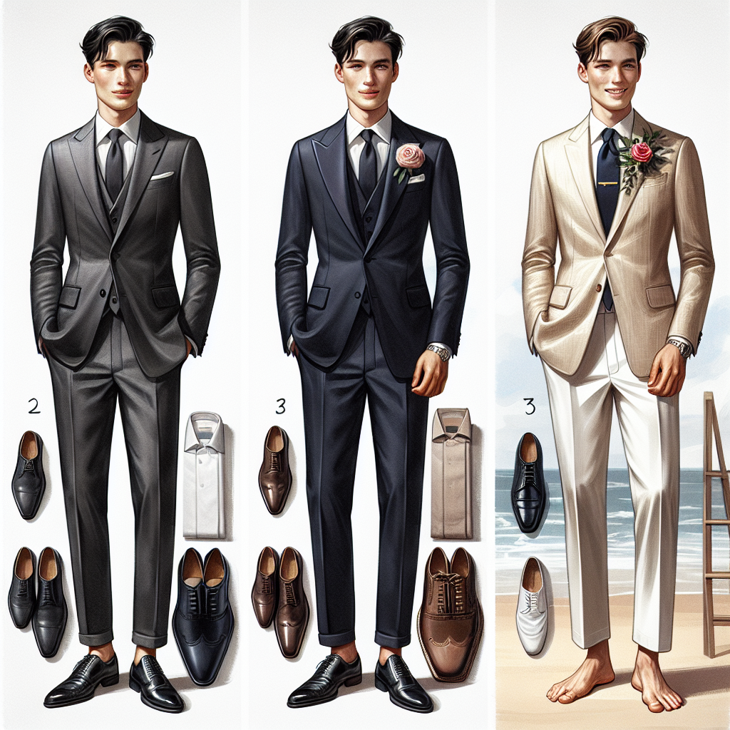 Visualize a fashionable and elegant guide for what a man could wear to a wedding. The scene is divided into three sections. The left section presents a model of mid-Asian descent in a sharp charcoal-grey tailored suit, paired with a sophisticated tie and pocket square. The middle section introduces another model, this time of Hispanic origin, in a classy navy tuxedo with a satin tie and a rose boutonniere. The right section offers a Caucasian man in a light cream linen suit for a beach wedding. All three are accessorized with shiny Oxford shoes, stylish watches, and confident smiles.