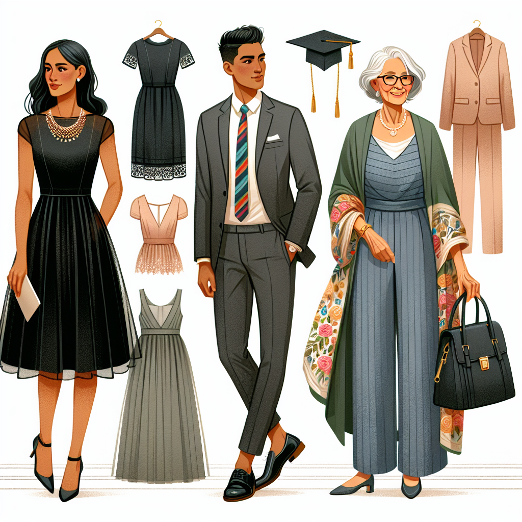 An assortment of elegant outfits suitable for graduation guests. These ensembles should balance style and sophistication, keeping in line with the celebratory yet formal nature of the occasion. A scene with three different fashion choices should be depicted. The first outfit could include a sleek, black, knee-length dress paired with a statement necklace on a middle-aged Black woman. The second could showcase a stylish gray suit with a colorful tie on a young South Asian man. The third could highlight a chic jumpsuit on a lively, elderly Hispanic woman. Each outfit should complement the wearer's individual personality.