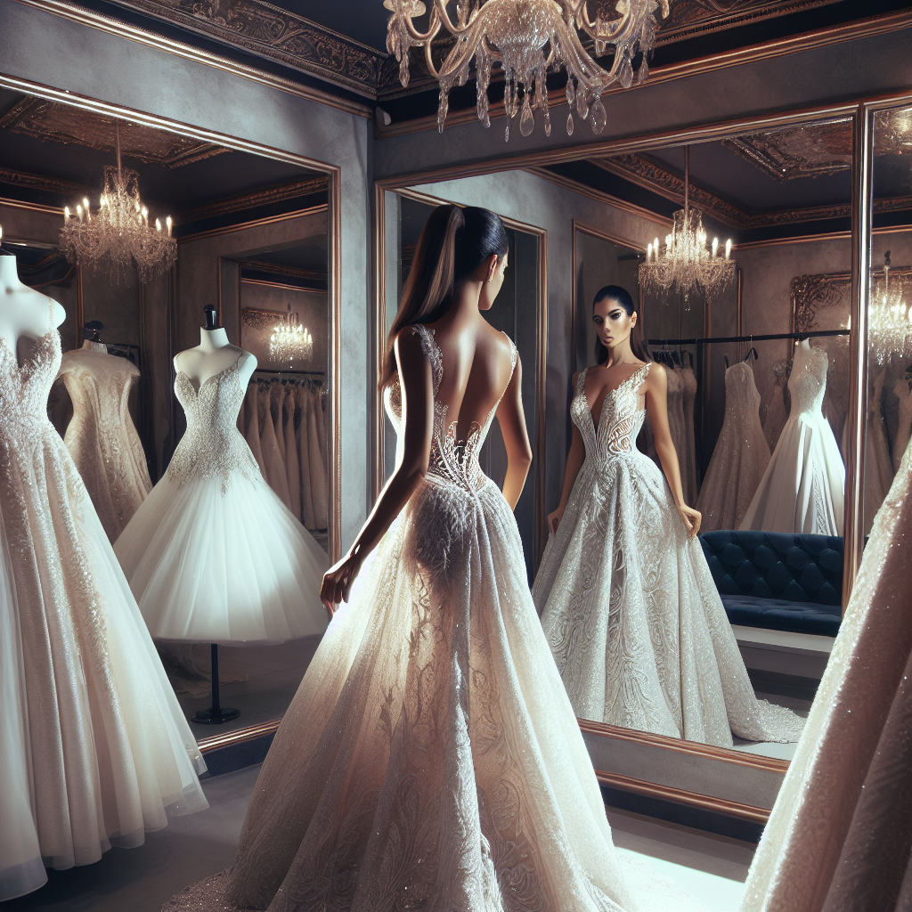 Stunning Outfits for Your Wedding Dress Fitting Imagine a luxurious and elegantly decorated fitting room with mirrors on every side. In the center stands a Middle Eastern woman, portraying strength and sophistication. She's looking at her reflection, trying on a detailed white wedding dress that perfectly matches her physique. The dress is adorned with intricate lace and sparkles subtly when hit by light. Around her, on mannequins and hangers, are different stunning wedding gowns of various designs and lengths, ranging from classic to modern styles. The atmosphere is serene, evoking emotions of joy and excitement.