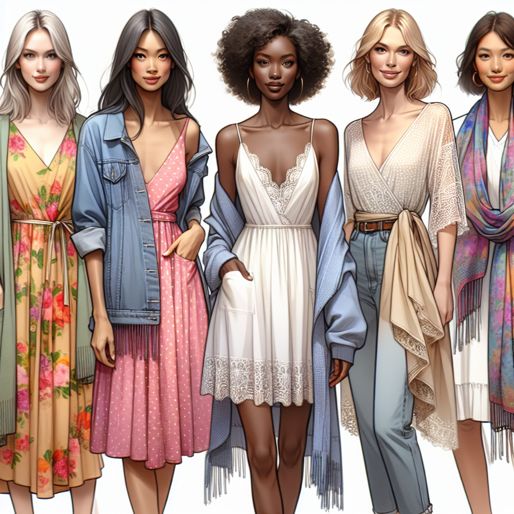 Visualize a diverse group of fashionable women showcasing their summer style. Imagine different layers such as lightweight cardigans, scarves, and jean jackets draped over summer dresses of various colors and patterns. A Caucasian woman could be wearing a bright floral dress with a denim jacket. A Black woman might be wearing a light, lacy cardigan over a polka dot dress. A Hispanic woman may have an elegant silk scarf paired with her pastel dress. Let the image convey the carefree, effortless style perfect for any dress during the summer season.