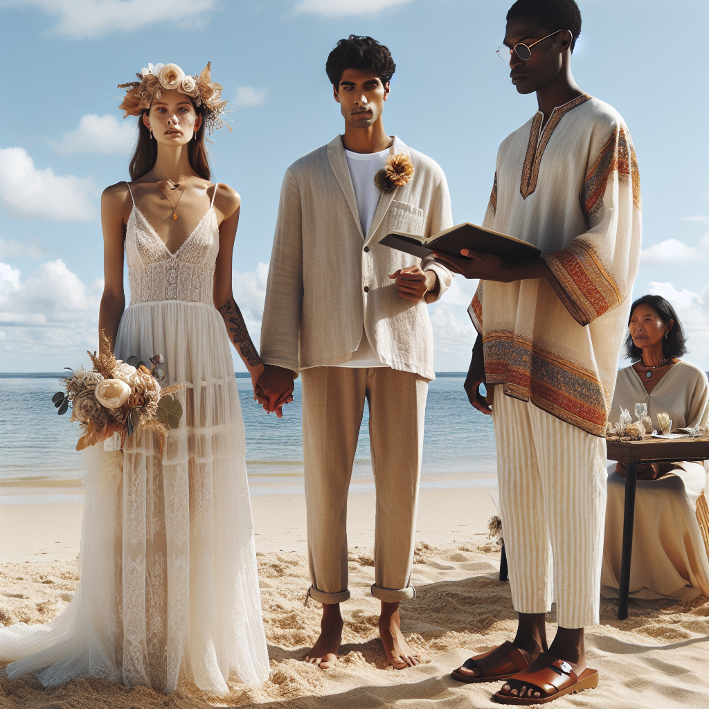 Must-Have Outfits for Beach Weddings: Effortless Elegance Picture a sandy beach under a clear blue sky. There are three individuals participating in a wedding ceremony. A Caucasian woman in a lightweight, flowing white lace dress with delicate details, barefoot on the sand. Beside her, a South Asian man dressed in a relaxed yet stylish beige linen suit, no tie, with leather sandals. A black woman, officiating the ceremony, dressed in an elegant, colorful kaftan, a symbol of her high social status. Soft beachy accessories like a flower crown, a boutonniere made of tropical flowers, and simple, tasteful jewelry add to this scene of effortless elegance at a beach wedding.