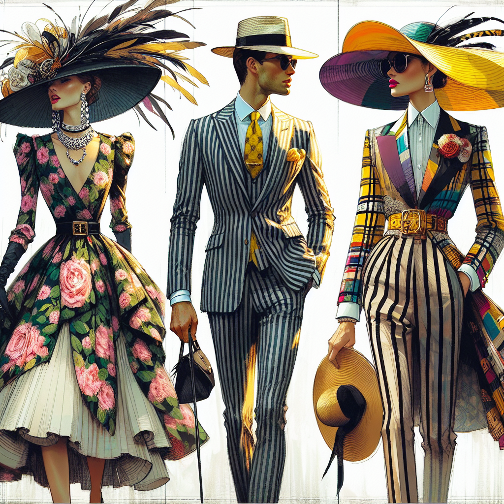 Imagine a lively scene at a prestigious horse race, with a distinct focus on the stunning outfits people are wearing. A group of three individuals of varying descents; Caucasian, Hispanic, and Middle-Eastern, each uniquely dressed in their Derby Day finest, embodying effortless elegance. The first person is a woman wearing a flamboyant feathered hat, a tailored floral dress, and classy heeled shoes. The second individual, a man, is adorned in a sharp pinstripe suit, colorful tie, and a traditional Panama hat. The third person showcases an avant-garde look, with a vibrant wide-brimmed hat, bold prints, and sophisticated accessories.