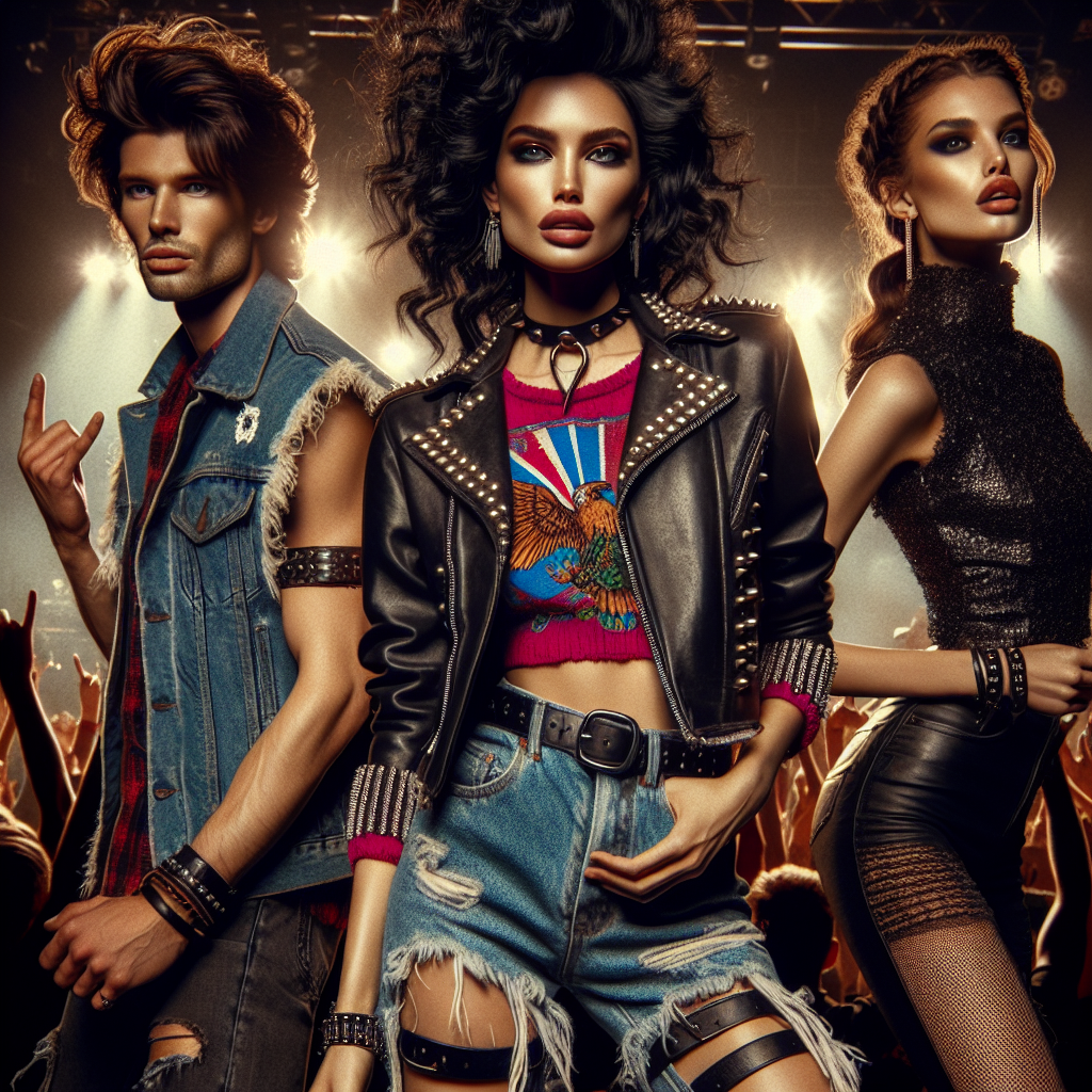 Rock Concert Style Guide: Stunning, Effortless Looks Picture this: a dynamic rock concert scene alive with music and energy. In the center of the scene are three individuals characterized by their stunning and effortless style. The first individual, a Caucasian male, sports rugged, worn-in denim jeans paired with a vintage rock band T-shirt. His black, shaggy hair is styled in a carefree manner, and a leather bracelet adorns his wrist. The second person, a Black female, is dressed in a chic, black leather jacket over a vibrant, graphic tee, paired with ripped, high-waist shorts. Her curly hair is swept up into a high ponytail and she wears bold, red lipstick. The third individual, a Hispanic female, adds an edge to her look with a brightly colored, studded denim vest, black skinny jeans, and chunky biker boots. Her hair is styled in a braided updo, and her makeup is dramatic with smokey eyes. All three revel in the concert ambience, embodying the true rock spirit.