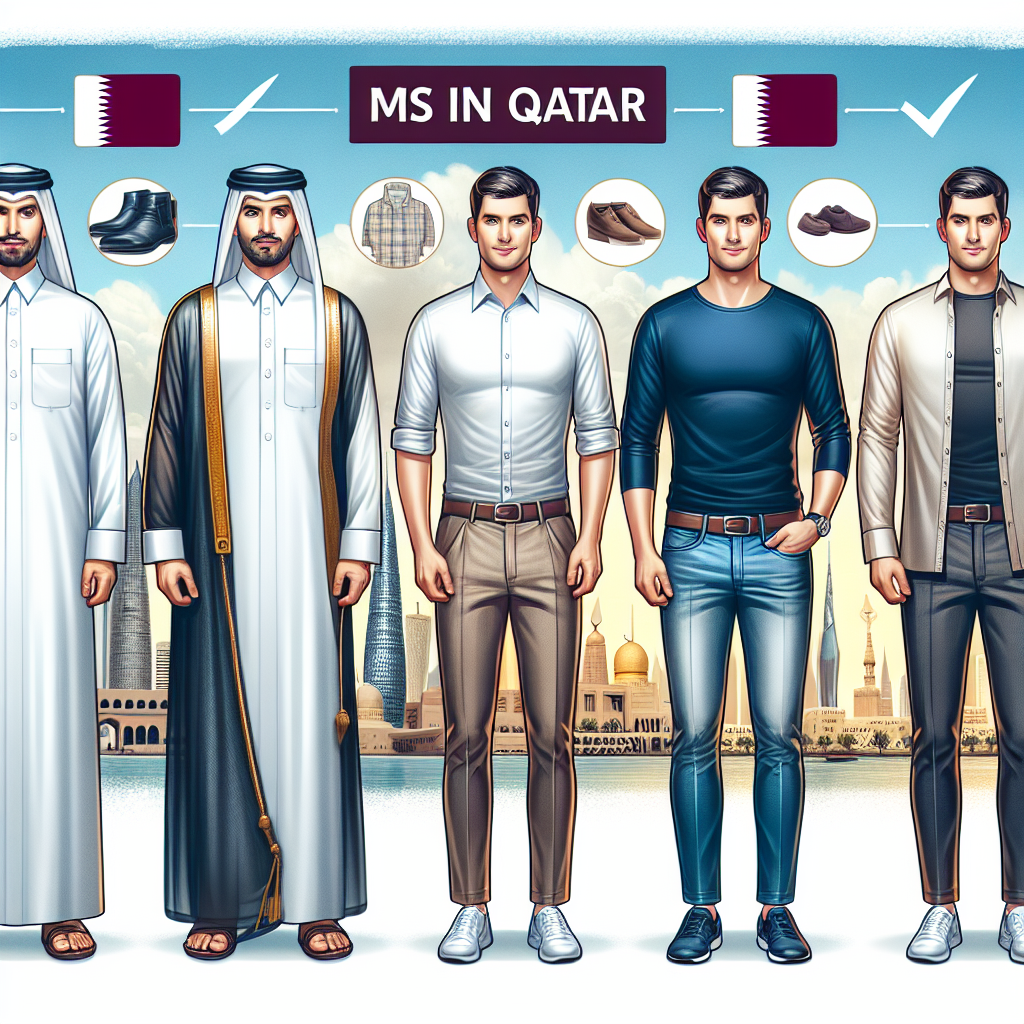 Effortless Guide: What to Wear in Qatar as a Man An image illustrating various appropriate clothing options for men visiting Qatar. In the foreground, a Middle-Eastern man wearing a Thobe, a traditional Arabian clothing. Nearby, a Caucasian man dressed in a formal, short sleeve shirt and lightweight long pants suitable for the desert climate. Also include a South Asian man with a casual t-shirt and jeans, embodying the modern, cosmopolitan side of Qatar. The background features Qatar's skyline to tie in the theme. Note, all outfits complying with local customs and showing respect for modest dress codes.