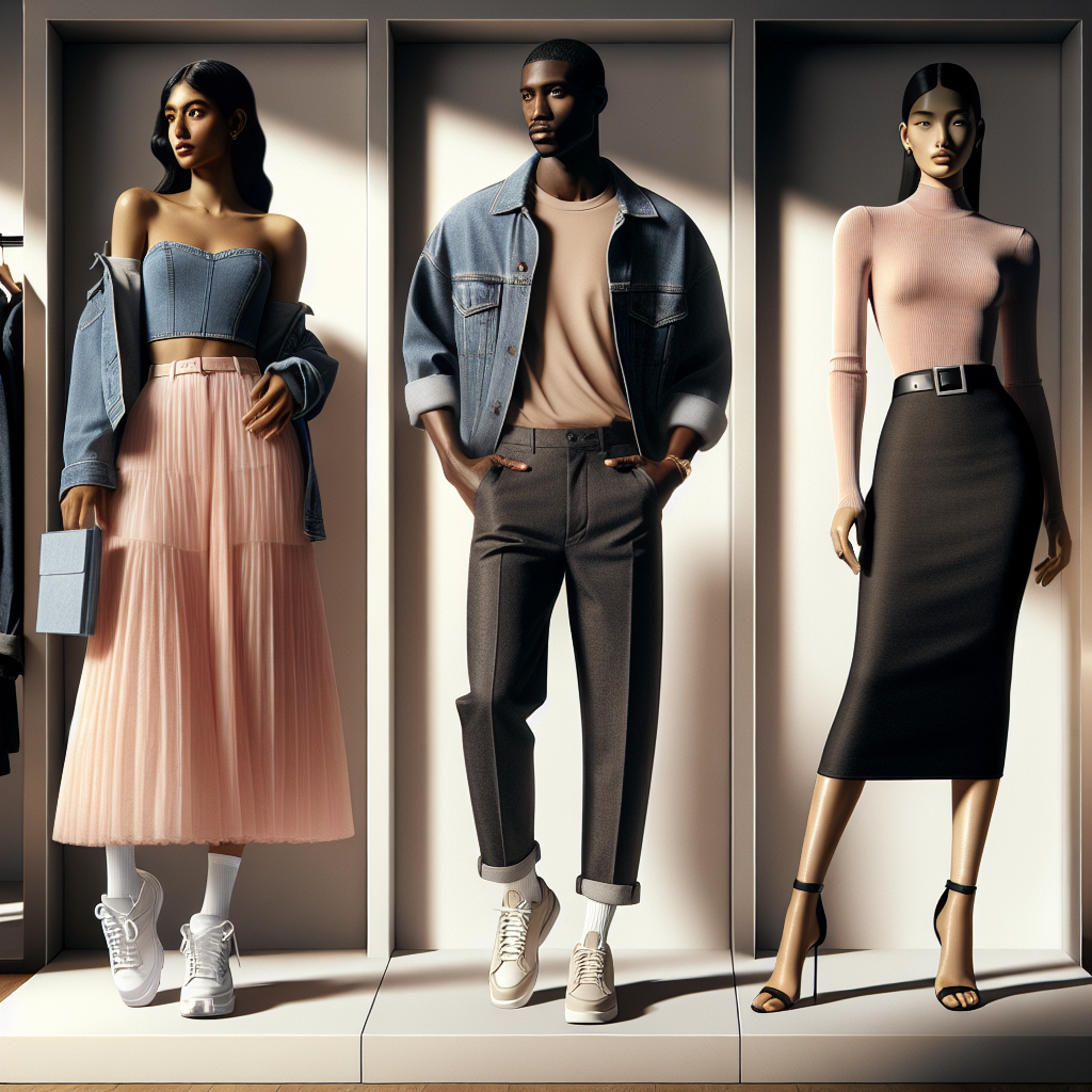 Stunning Outfits to Elevate Your Jean Top Imagine a fashion display featuring a variety of stunning outfits that perfectly complement a jean top. The first outfit is worn by a South Asian woman, showcasing her denim top with a pastel pink, high-waisted midi skirt and white tennis shoes. The second outfit is sported by a Black man, pairing his jean top with tailored charcoal gray trousers and fashionable leather boots. The third ensemble, flaunted by a Hispanic woman, involves a jean top with a classic black pencil skirt and strappy heels. Consider capturing these individuals on a minimalist stage with warm and flattering lighting.