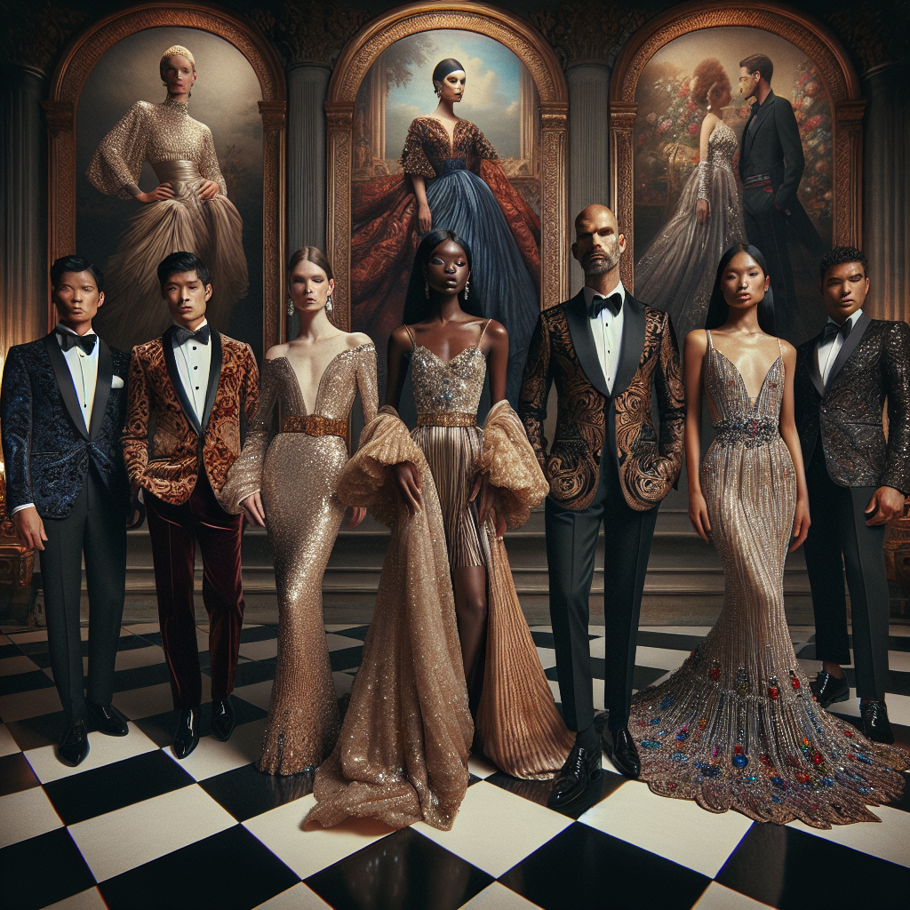 A visually captivating scene centered around a glamourous gala event. A lineup of several individuals showcasing their stunning attire. Starting from the left, an East Asian man in a richly-detailed brocade jacket, paired with velvet trousers. Beside him, a Hispanic woman wearing a sequined A-line gown with flutter sleeves. Next, a Caucasian man in a black tuxedo, sporting a timeless pocket square. Following him, a South Asian woman revealing a sari made up of extravagant beads and sequins. Lastly, a black woman elegantly dressed in a mermaid gown with jeweled detailing. The scene oozes style, elegance and diversity.
