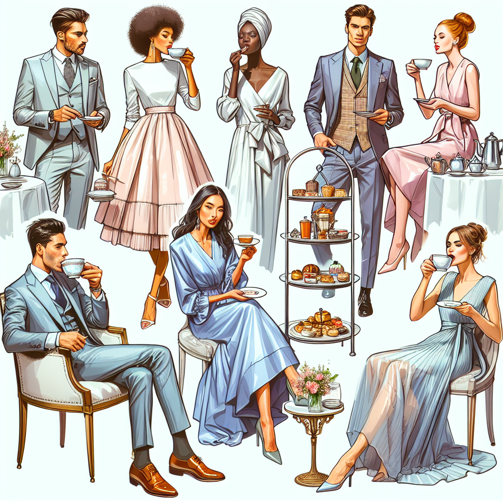 Stunning Outfits for High Tea: Effortless Elegance Create an image that depicts a setting for a high tea. It should showcase a variety of elegant and sophisticated outfits, suitable for a high-class afternoon gathering. There should be a mixture of people of different genders and descents. For example, a South Asian man in a smart-casual suit enjoying a cup of tea, an African woman in a chic, flowy dress indulging in the arranged pastries, a Middle-Eastern woman elegantly clad in pastel-hued tea dress sipping her tea, and a Caucasian man in a polished vest and slacks engaging in a lively discussion. The atmosphere of the location should ooze elegance and sophistication.