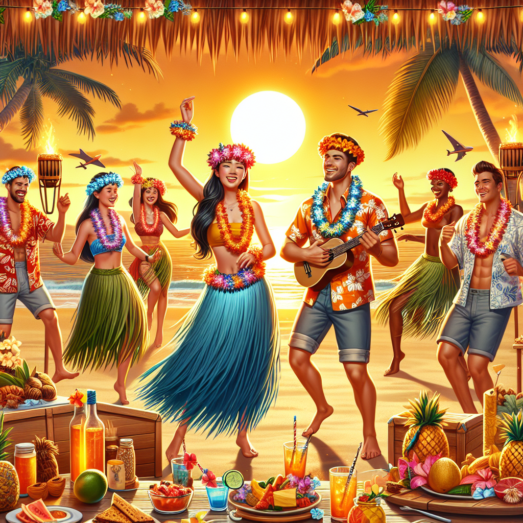 Envisage a vibrant Hawaiian Luau party. The setting is an open-air beach environment, with a golden sunset glowing over the ocean. There are numerous party-goers enthusiastically participating in the revelry. They are adorned in traditional Hawaiian party gear, such as colorful floral leis, hula skirts, and aloha shirts. An Asian woman in a blue hula skirt is performing a hula dance, while a Hispanic man wearing a red floral shirt strums a ukulele. Also, there are tiki torches casting warm light, a spread of tropical fruits and drinks, and decorations like palm leaves and hibiscus flowers.