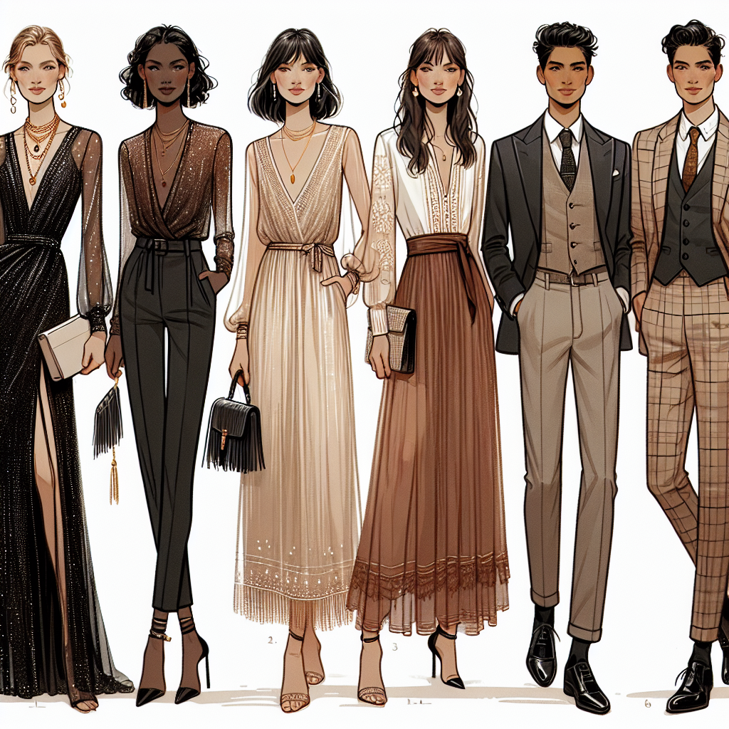 Illustrate a curated fashion collection of must-have wedding guest outfits. Each outfit should demonstrate a different style. First, presenting an elegant, black-tie appropriate dress, sparkling in dark shades and adorned with tasteful jewellery. Then, an earth-toned, bohemian dress with airy fabric and playful fringe accents. Third, a classic, mid-length cocktail dress in vivid colour, paired with stylish heels and a tasteful handbag. Fourth, a chic minimalist outfit in neutral colours with clean lines and modern details, paired with a minimal accessory. Lastly, a fun, vintage suit for a male guest, featuring a tailored jacket and trousers in a plaid pattern, paired with a bold tie and pocket square. Showcase a range of diverse models representing Caucasian, Black, Middle-Eastern, South Asian, Hispanic, and East Asian descents.