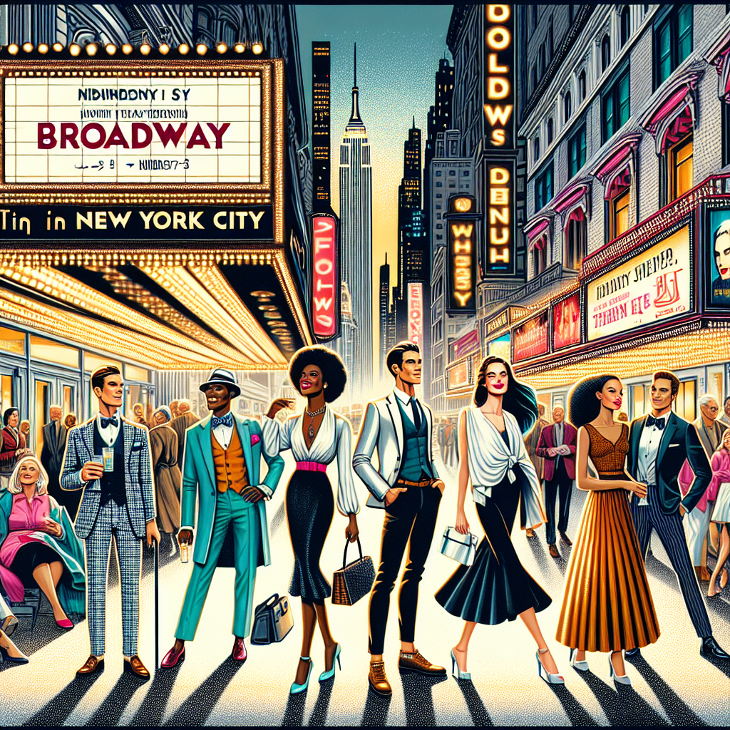 An engaging illustration capturing the essence of Broadway in New York City. Show a bustling scene on a New York street, lit up by bright theatre marquees announcing evening performances. Include swarms of diverse theater-goers: a Caucasian elderly couple, a young Black woman in a stylish cocktail dress, a South Asian man in a trendy outfit, and a Middle-Eastern family all anticipating the night's spectacle. Let the fashion styles range from classy and elegant to hip and trendy, reflecting the wide audience appeal of Broadway. Use vibrant but tastefully coordinated colors to convey the energy and excitement of the scene.