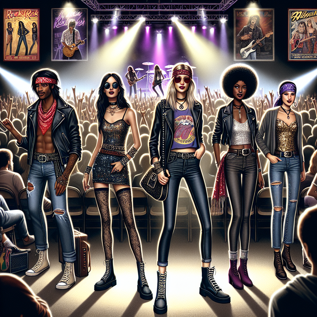 Create a detailed image showcasing must-have rock concert attire suitable for a major rock concert. The scene should include a mixed crowd of individuals who are excited for the show. Each person should show diversity in style, gender and descent. For instance, a black man can be seen wearing a bandanna, leather jacket and distressed jeans, while a South Asian woman is wearing a vintage rocker tee, leggings, and combat boots. In the midst of the scene, an Hispanic individual stands out in a mix of glam rock style - sequined tank top, skinny jeans, and suede ankle boots. Around them, the buzzing energy of a concert venue - disco balls hanging from the ceiling, colored concert lights, and posters of fictional rock bands.