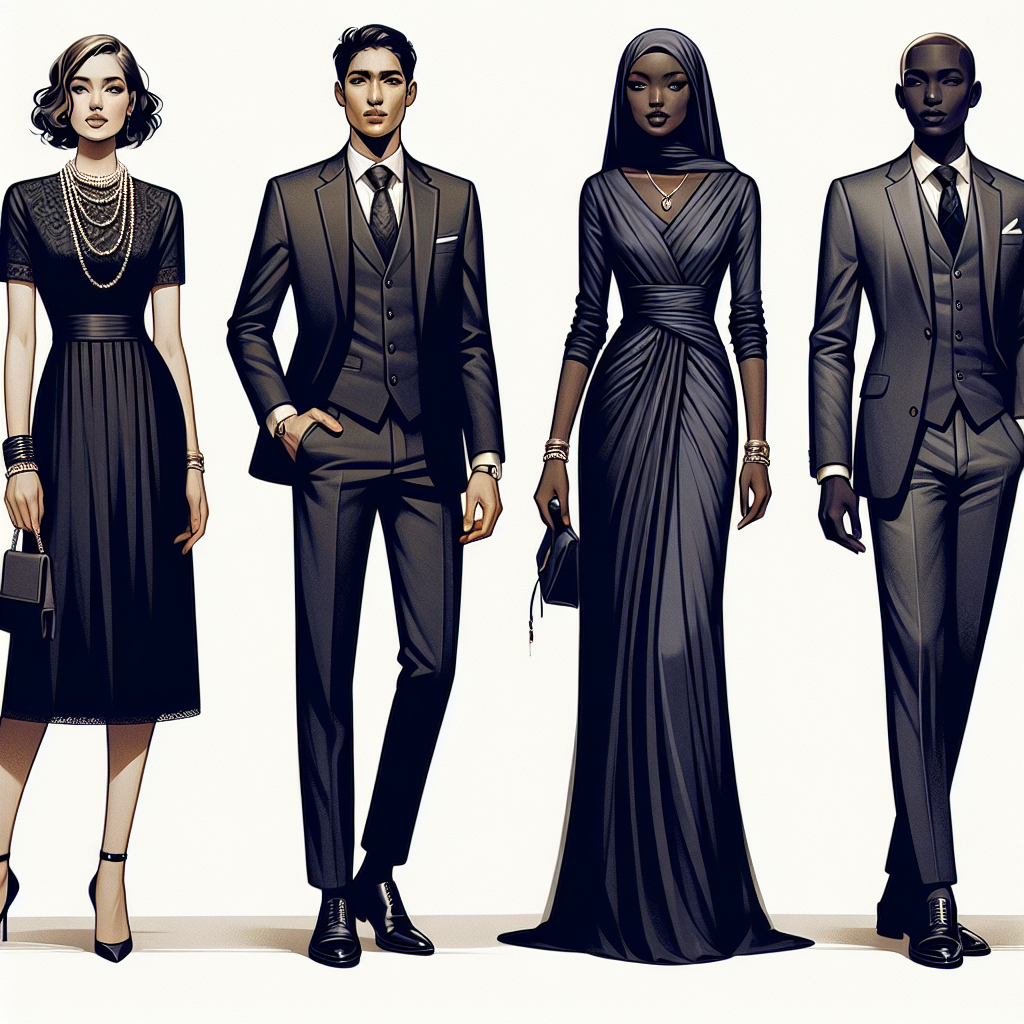 Visualize a fashion guide illustration displaying four distinct outfits appropriate for solemn occasions. The first person, a Middle-Eastern woman, is wearing a chic black dress with a pearl necklace. The second person, a Hispanic man, is in a sophisticated dark suit paired with a muted-tone tie. The third person, a Black woman, is styled in a graceful dark blue gown with silver accessories. The fourth person, a South Asian man, is in a polished charcoal grey traditional outfit. All poised against a clean white background, presenting a balance between elegance and somberness.