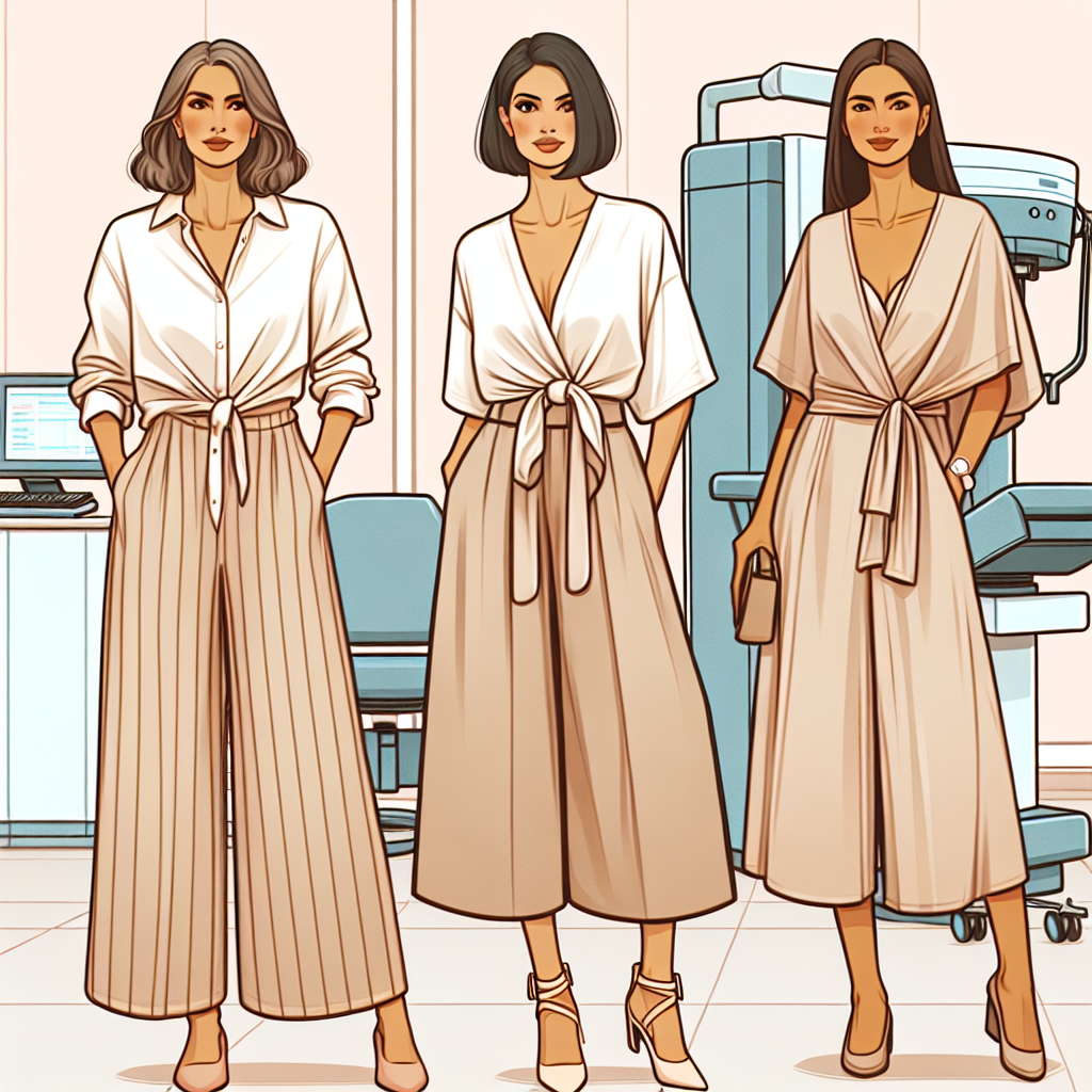 Let's craft a compelling sartorial image. Imagine three women in front of a clinic, appearing calm and confident. The first woman is a Middle-eastern lady in her mid-50s, donning a fashionable button-down shirt paired with breezy culottes, completing her look with light beige sandals. The second woman is a South Asian lady in her early 40s, chicly dressed in a stylishly loose jumpsuit adorned with light accessories. The third woman, a Hispanic lady in her 30s, perfectly balances elegance with comfort in a modish wrap-around dress paired with flats. The scene radiates empowerment while highlighting functional yet stylish attire for mammogram appointments.