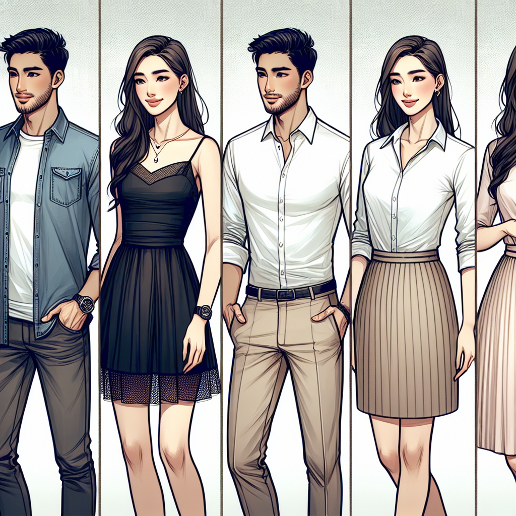 Visualize a fashion guide for a first date. Depict a variety of clothing options - from casual to slightly formal. Feature a trendy denim jacket for a relaxed look on a male of South Asian descent. Then, illustrate a chic little black dress worn by a Hispanic woman for a more formal setting. Showcase a Middle-Eastern man wearing a smart-casual outfit, perhaps a crisp white shirt paired with khaki trousers. Lastly, display an East Asian woman dressed in a flattering blouse and skirt combo. Make the scene reflect the potential nerves and excitement of a first date.