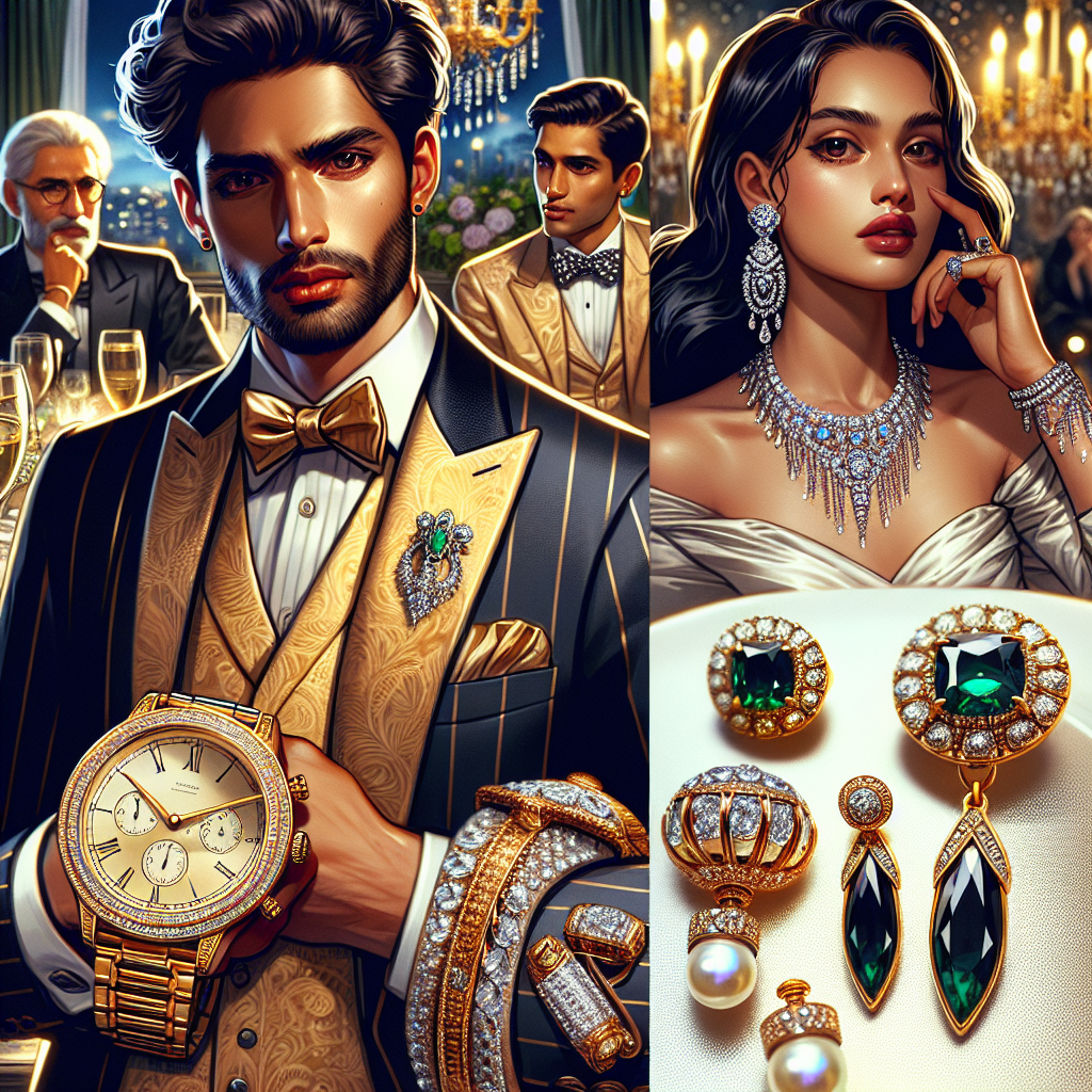 Must-Have Jewelry for Wedding Guests: Exclusive Picks Picture a luxurious setting bearing the opulence of an elegant wedding. In this scene, several guests are on display, each adorned in their specially chosen jewelry. A man of Middle-Eastern descent is wearing a tastefully designed gold pocket-watch with emerald accents. Beside him, a Hispanic woman is adorned in a sparkling diamond necklace that complements her stunning dress. A little distance off, a Black woman exhibits her exquisite pearl drop earrings that flare under the gentle lights. Lastly, a South Asian man can be seen, with cufflinks encrusted with sapphires, making his presence known. These brilliant pieces of jewelry illustrate the essential accessories for wedding guests.