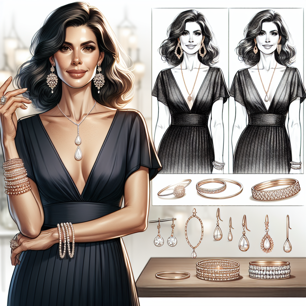Create a detailed illustration of an elegant yet contemporary fashion scene. Portray a middle-aged Hispanic woman wearing a stylish v-neck dress. In addition to the dress, she should be adorned with a variety of stunning jewelry choices - think of a delicate pendant necklace that complements the v-neckline, chandelier earrings for a touch of glamour, and a statement cuff bracelet for added flair. The image should also show a few jewelry options on a table in the foreground, such as stacked rings, beaded bracelets, and long-drop earrings, to represent alternatives for combining with the dress.