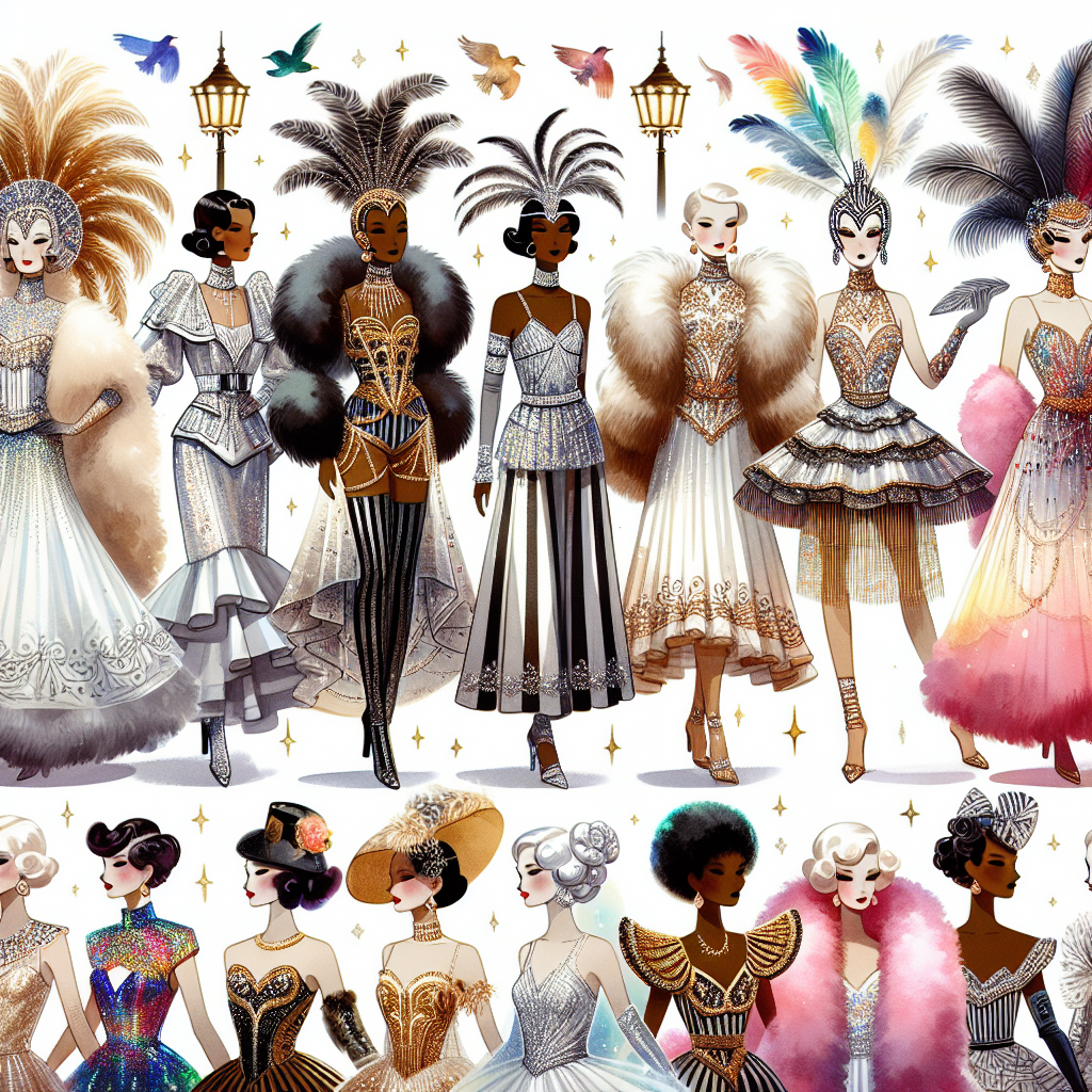 Must-Have Paris Cabaret Show Outfits for Women Create a series of high-quality images showcasing various must-have outfits for women attending a Parisian cabaret show. Illustrate an assortment of elaborate, glitzy costumes that echo the flamboyance and drama of the cabaret stage. Show some featuring voluminous feather boas, glittering sequins, ethereal tutus and dazzling headdresses. Moreover, focus on the different types of female body shapes and skin tones while designing these outfits. Include women of Asian, Black, Caucasian, Hispanic, Middle-Eastern, and South Asian descent donning these ensembles, all united in their shared love for the spectacle and glamour of the Parisian nightlife.