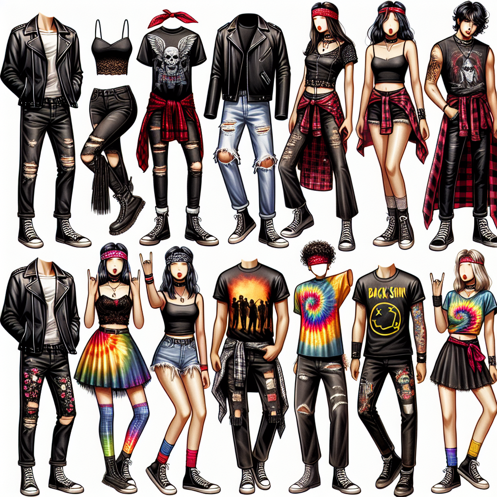 Stunning Outfits for a Creed Concert: Best Picks An array of eccentric outfits designed for a rock concert. The scene should display a variety of unique and stylish clothing pieces. Among the selection should be a black leather jacket paired with distressed jeans, an edgy but comfortable outfit. Another option could be a red plaid shirt with contrasting black-leggings, depicting a more laid-back concert experience. There should be a multi-coloured tie-dye t-shirt with a matching headband for those preferring a more vibrant attire. Lastly, a simple black band t-shirt paired with a denim skirt demonstrating a classic rock show ensemble. Include people displaying these outfits, they come from a mixture of descents including Black, Caucasian, Hispanic, and Middle-Eastern, embodying both genders; Be sure to reflect their excitement for the upcoming rock event.