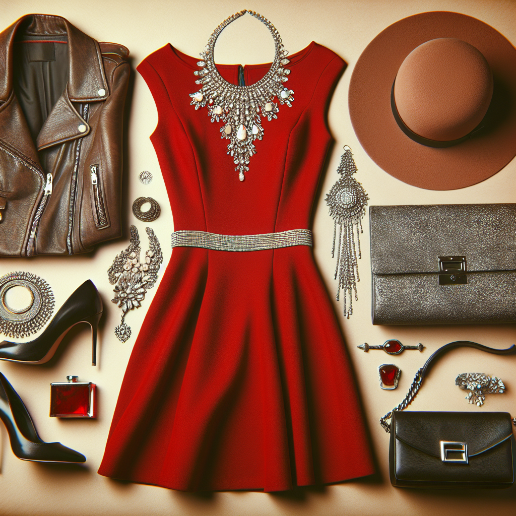 Must-Have Accessories for a Red Dress: Effortless Style Tips Envision a series of chic accessories laid out next to an elegant red dress. All the essentials to complement a red dress are there. Picture a pair of stiletto heels in a subtle shade of black, a statement necklace with silver charm and lustrous white stones, a glitzy clutch handbag with textural distinction, and a chic wide-brim hat for an audacious touch. Complete the image with a vintage leather jacket casually draped over the dress. This collection epitomizes the art of accessorizing and demonstrates an effortless style to elevate any red dress ensemble.