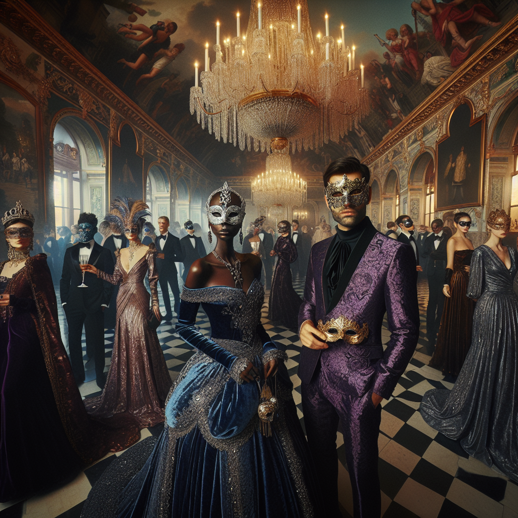 An extravagant scene showing an indoor masquerade party for the imagined year of 2024. Guests, each with their own unique style, are spread around the ballroom. Two groups of partygoers stand out, a Black woman wearing a sapphire blue velvet dress paired with a silver, crystal-studded mask and a Middle-Eastern man clad in a regal purple silk suit coupled with a gold leaf mask. In the backdrop, a grand chandelier illuminates the room. Reflecting the luxurious ambiance of the room are the ornate decorations in the neoclassical style architecture with murals, gold trimmings, and marble pillars.