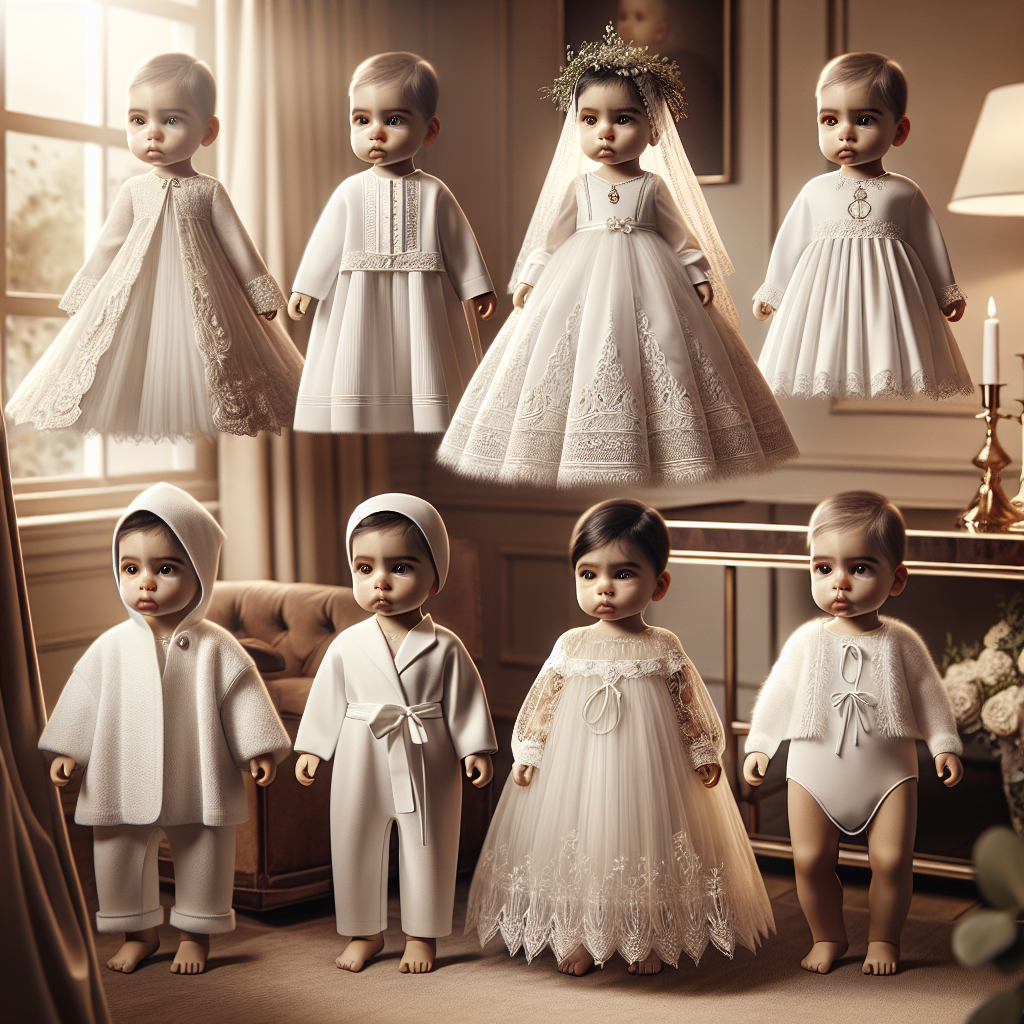 Create a sophisticated scene illustrating a collection of elegant christening outfits. Display a range of styles suitable for different climates and personal preferences. Include a diverse set of baby models wearing the outfits, such as a baby of Middle-Eastern descent in a detailed white gown, a South Asian baby in a simplistic yet classy onesie, and a Caucasian baby in a lacy dress or suit. Additionally, convey a warm, inviting atmosphere with soft natural light illuminating the room and the garments' exquisite details.