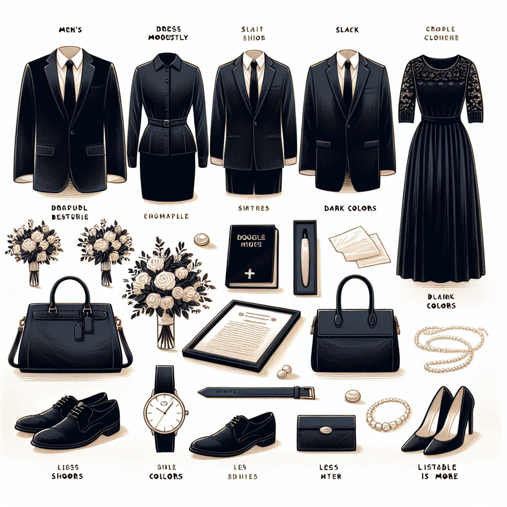 An image conveying style tips for funeral attire. Display a variety of suitably respectful clothing options arranged neatly. Include a men's black suit with a solid white shirt, a women's modest black dress, and suitable shoes for each. Illustrate small accessories like a black tie, a white pearl necklace, and a classic wristwatch. Include a subtle background with soft lighting to maintain the solemn feel of the occasion. Additionally, overlay some light calligraphy or script with suggestions like 'Dress modestly', 'Dark colors', and 'Less is more' to emphasize dressing with respect.