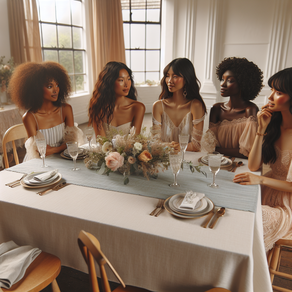 Create an image showcasing an elegant bridesmaid's luncheon. The scene unfolds in a spacious room filled with natural light and tastefully adorned with minimalist decor. Highlights include a long table adorned with a pastel tablecloth, delicate china, and subtle floral arrangements. Five women representing different descents including Middle-Eastern, Asian, Black, Hispanic, and White, are seated around the table engaging in animated conversation. They are dressed in chic and effortlessly stylish outfits: think airy dresses, tasteful accessories, and subtle makeup. Their diverse hairstyles ranging from naturally curly to straight, add to the charm of the scene. An air of camaraderie and celebration pervades the luncheon.