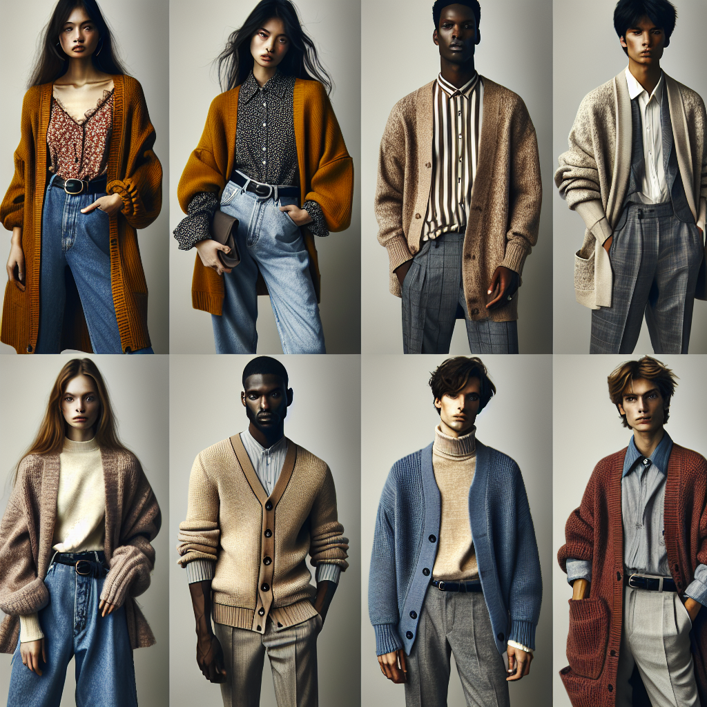 Imagine a fashion shoot displaying winter styling trends. The center focus is on a combination of cardigans and shirts. Show a variety of must-have shirts, each paired with a complementary cardigan. For instance, we see a South Asian woman wearing a long, mustard yellow cardigan over a floral shirt, and a Black man donning a grayscale cardigan with a striped shirt. Also, depict a Middle-Eastern man pairing a powder blue cardigan along with a crisp white shirt, and a Hispanic woman styling a burgundy oversized cardigan over a soft, comfortable turtleneck. Ensure a wintery vibe, with cooler tones and hints of snowfall.