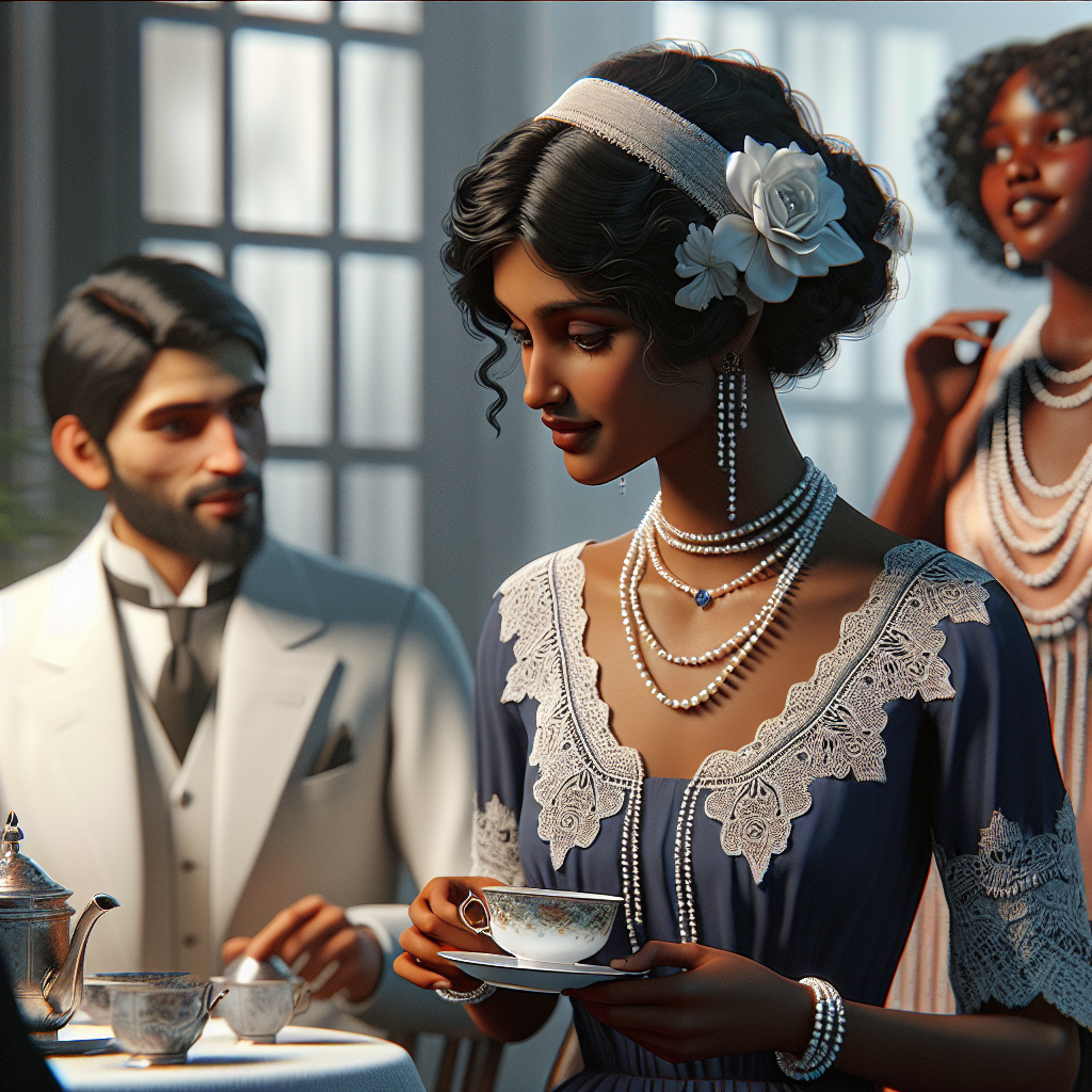 Visualize a scene of a sophisticated tea party. In the foreground, a South Asian woman in her 30s wearing a Victorian-era midnight blue dress with delicate lace details and a pearl necklace. She is fondly looking at her teacup. In the background, a Middle-Eastern man in his late 40s is seen wearing a pristine white linen suit from the 1920s era, holding onto a silver teapot while engaging in conversation with a Black woman in her early 20s, dressed in a pastel pink 1920s flapper dress with intricate beadwork. All figures portray an atmosphere of effortless elegance.