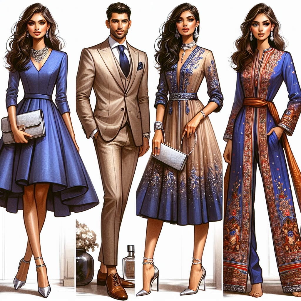 A stunning display of outfits fit for a graduation ceremony. A Hispanic woman elegantly wears a royal blue A-line dress with silver stilettos. She carries a small silver clutch purse and has tasteful silver jewellery to match. A Middle Eastern man, looking sharp in a well-tailored beige suit, a crisp white shirt, and deep-brown leather shoes. A South Asian woman models a vibrant, ethnic wear influenced dress that radiates her heritage combined with contemporary style. These outfits express effortless style, perfect for a special occasion.